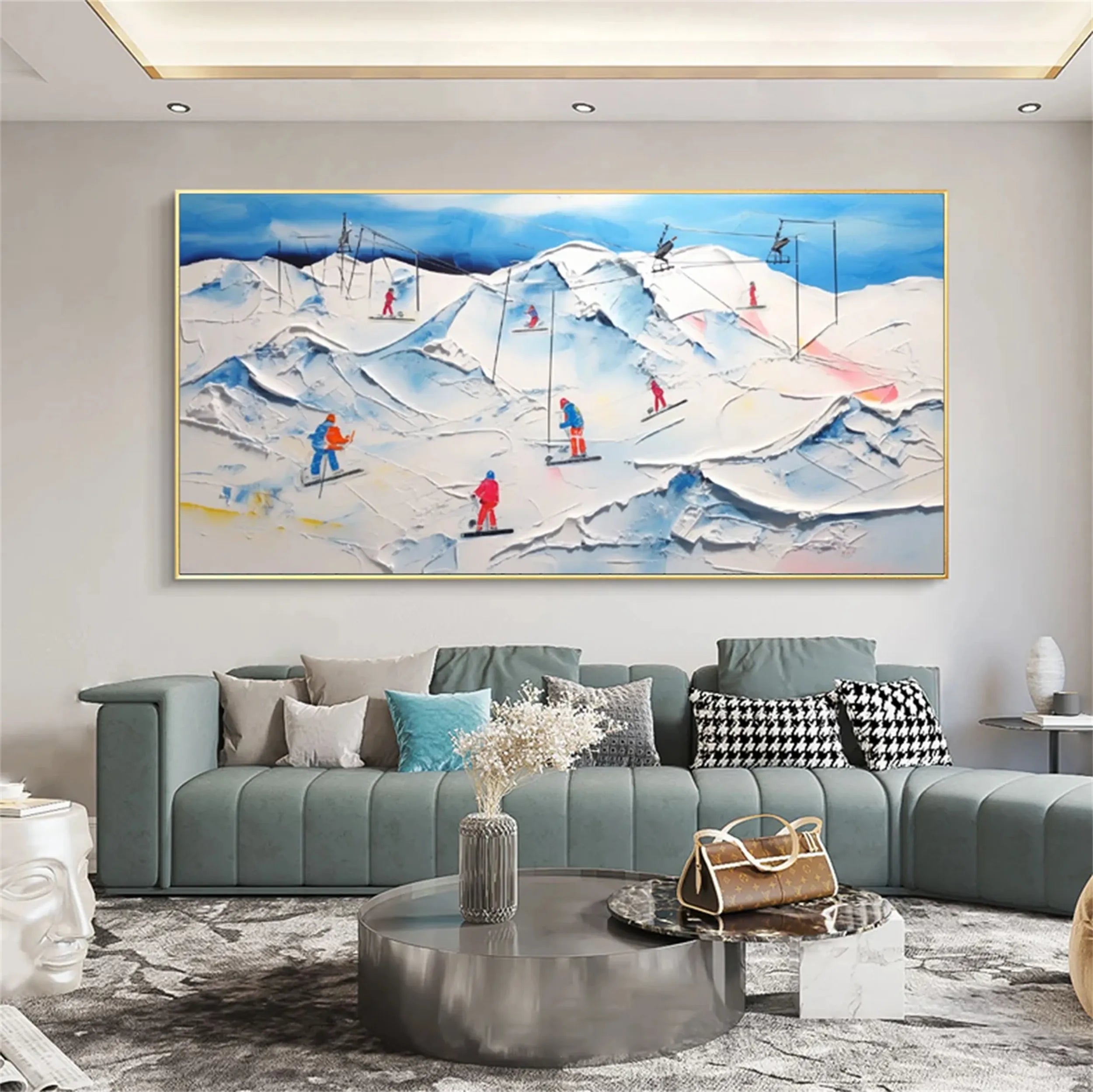 Premium Skiing Sport Art Textured Painting Canvas Wall Decor - Winter Sports Theme Home & Office Decoration #MM224 - Perfect for Living Room, Bedroom, Ski Lodge & Cabin Decor