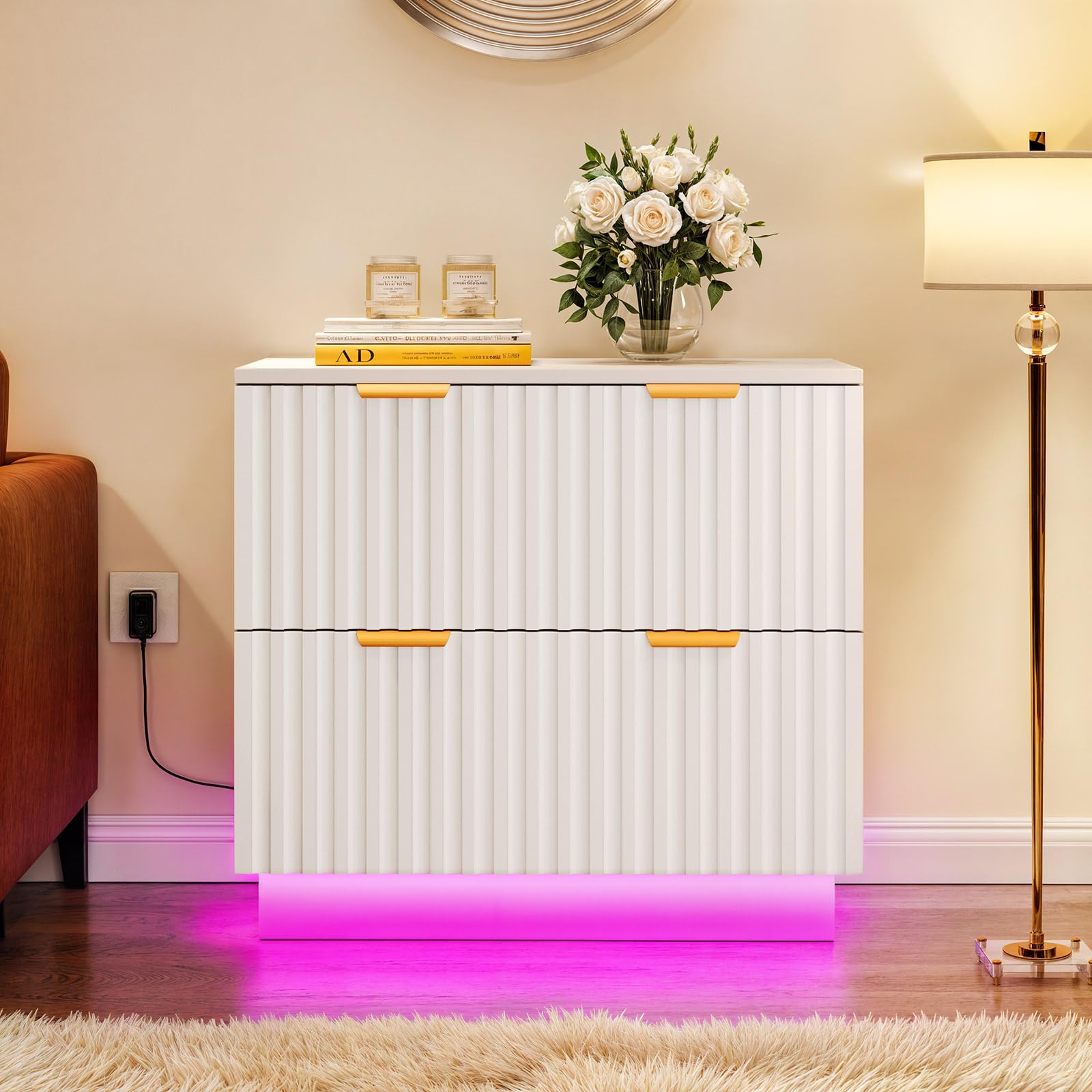 YITAHOME 2-Drawer File Cabinet with LED Light - Modern Lateral Filing Cabinet for Home Office, Large Storage Organizer - Perfect for Document Storage & Office Organization (White)