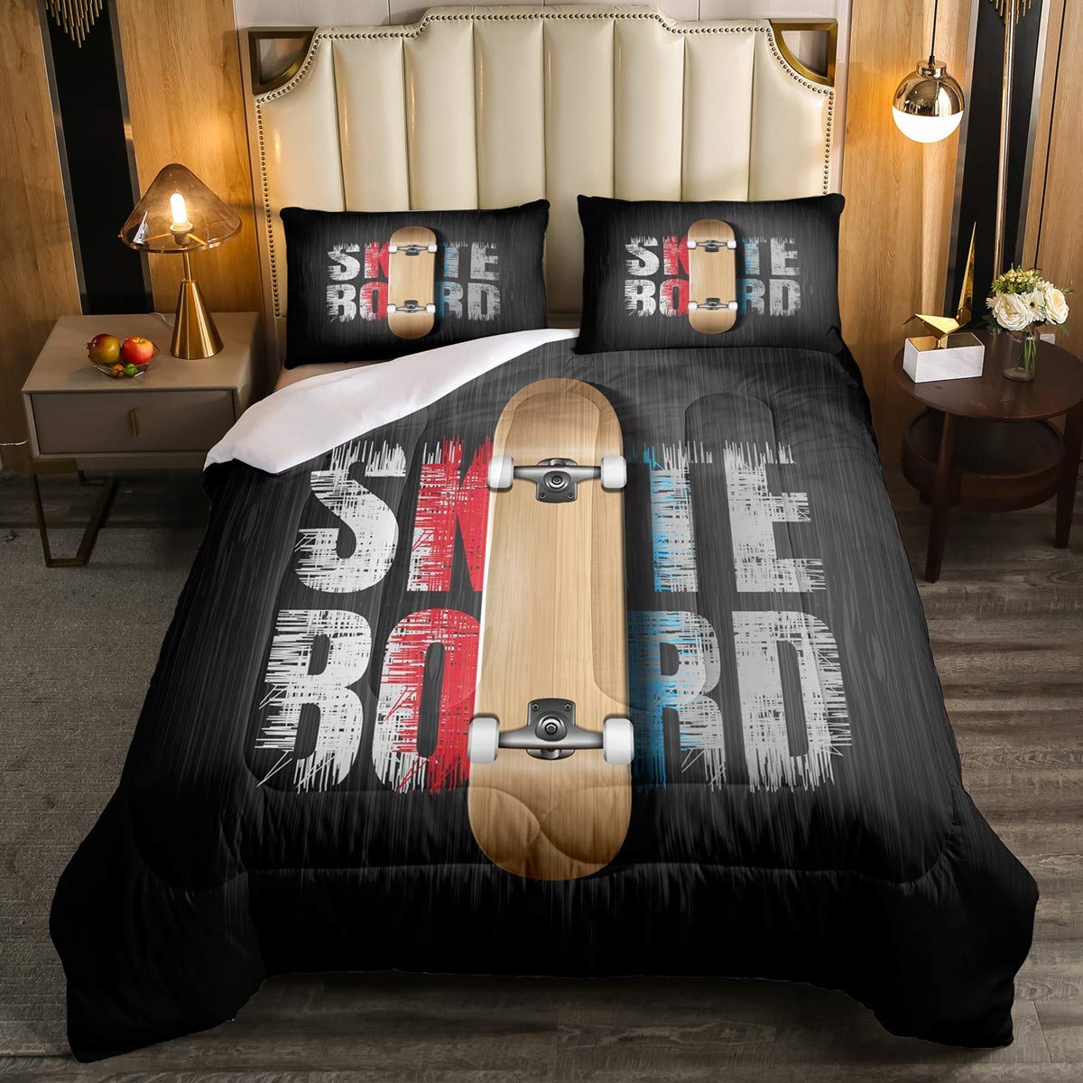 Feelyou Skateboard Comforter Set - Vintage Old School Skateboard Duvet Cover with Pillowcase for Boys, Teens & Kids - Twin Size Gray Bedding - Perfect for Skateboard Lovers' Bedrooms & Dorm Rooms