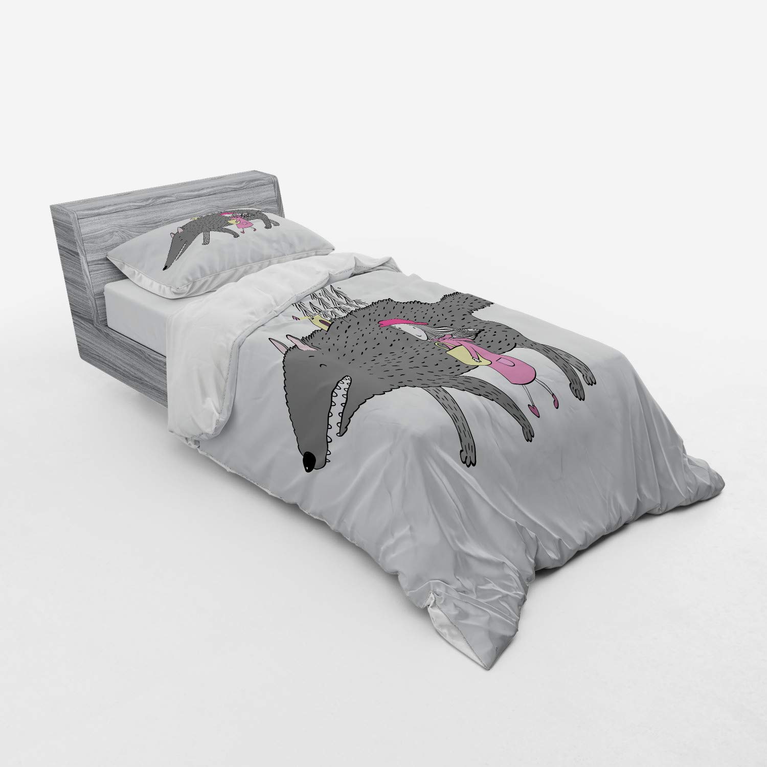 Ambesonne Fantasy Twin Size 3-Piece Duvet Cover Set - Pink Grey Peach Bedding with Girl in Pink Dress & Giant Wolf in Fir Forest Design, Includes Sham & Fitted Sheet | Perfect for Kids' Rooms, Fantasy Themed Bedrooms & Cozy Winter Decor