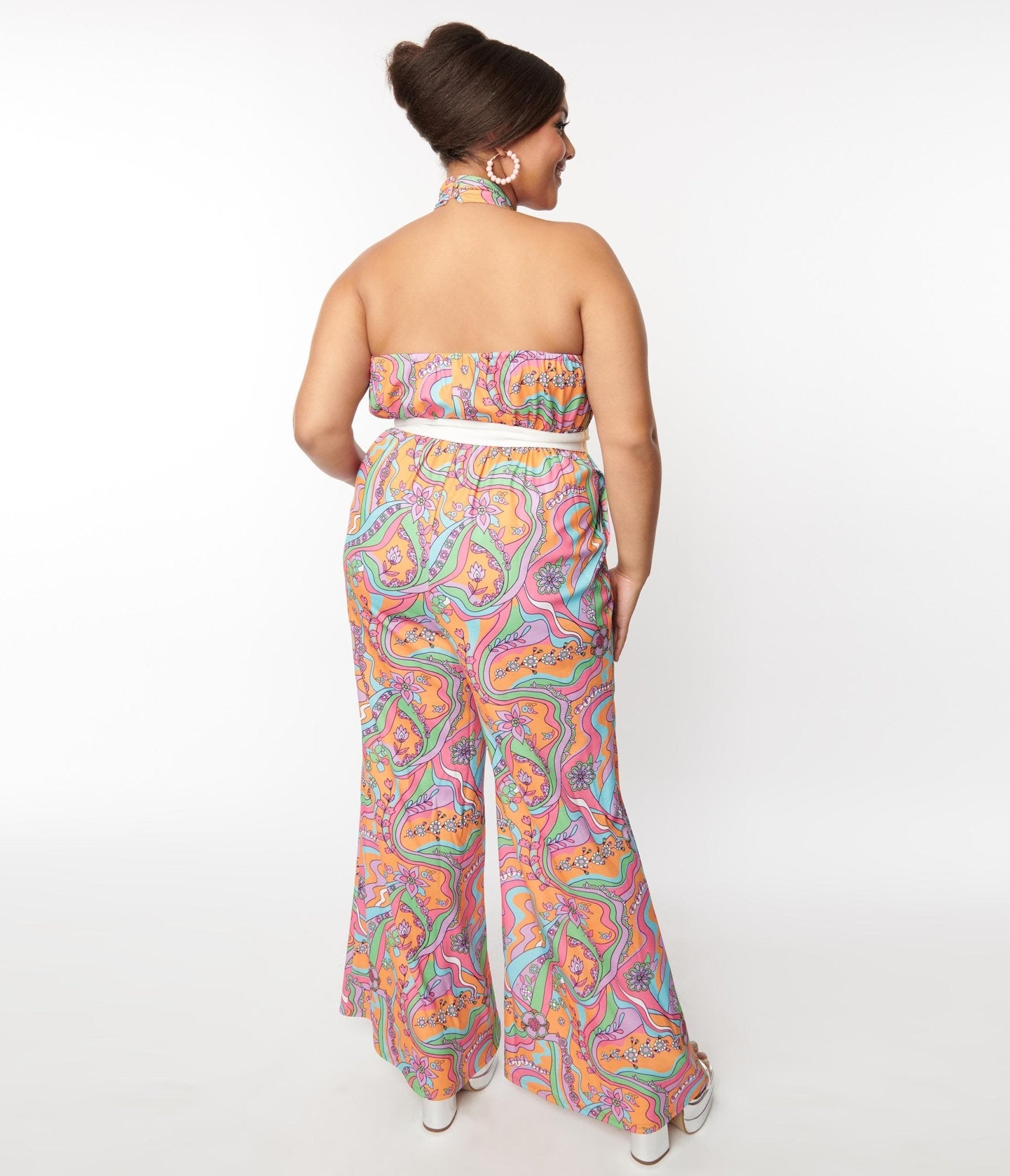 Smak Parlour 1970s Orange Wavy Daisy Psychedelic Draped Darling Jumpsuit - Vintage 70s Hippie Outfit for Music Festivals & Retro Parties
