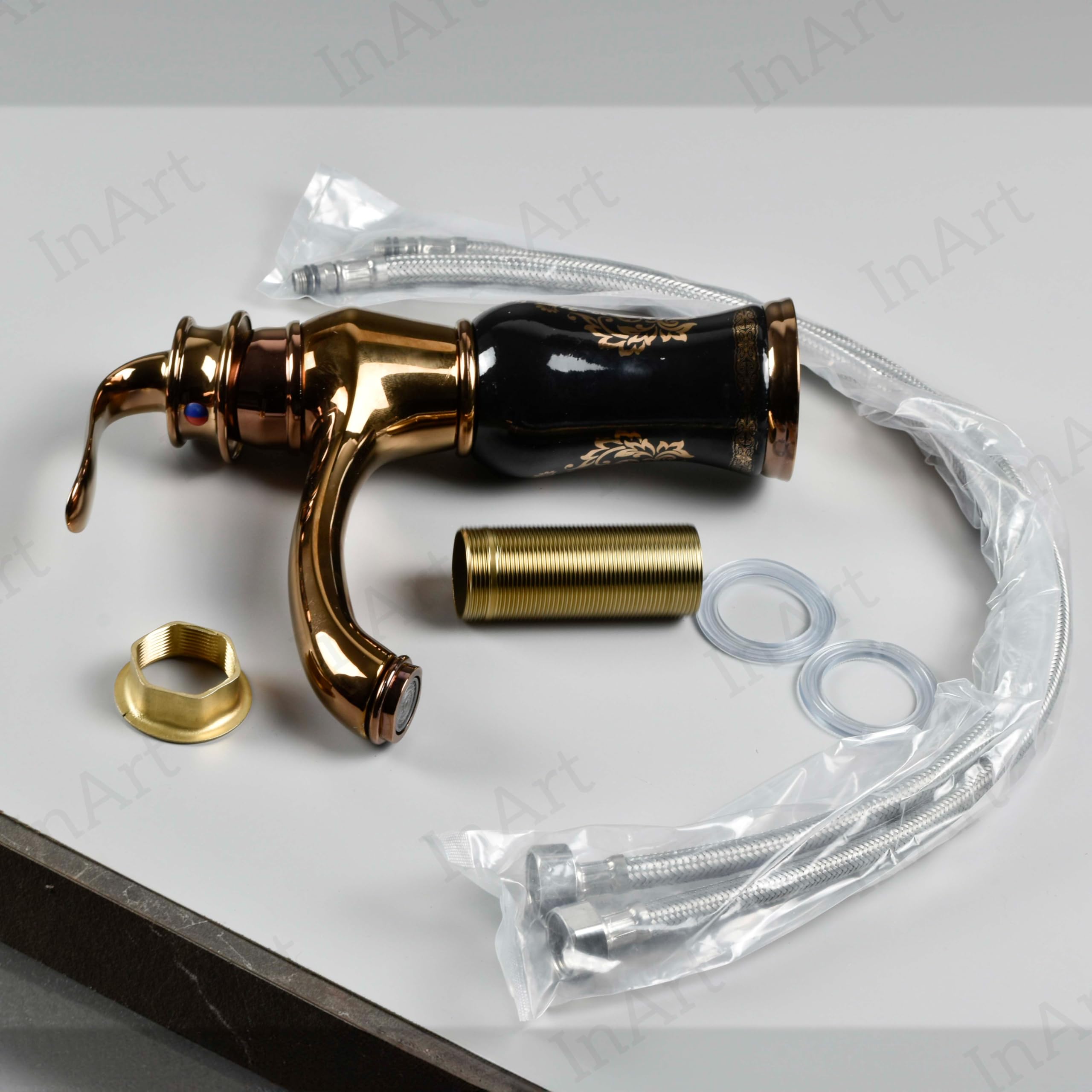 Elegant Black Rose Gold Basin Pillar Cock Faucet - Single Handle Waterfall Mixer Tap for Hot & Cold Water, Table or Deck Mount - Perfect for Modern Bathroom & Wash Basin Vanity Decor