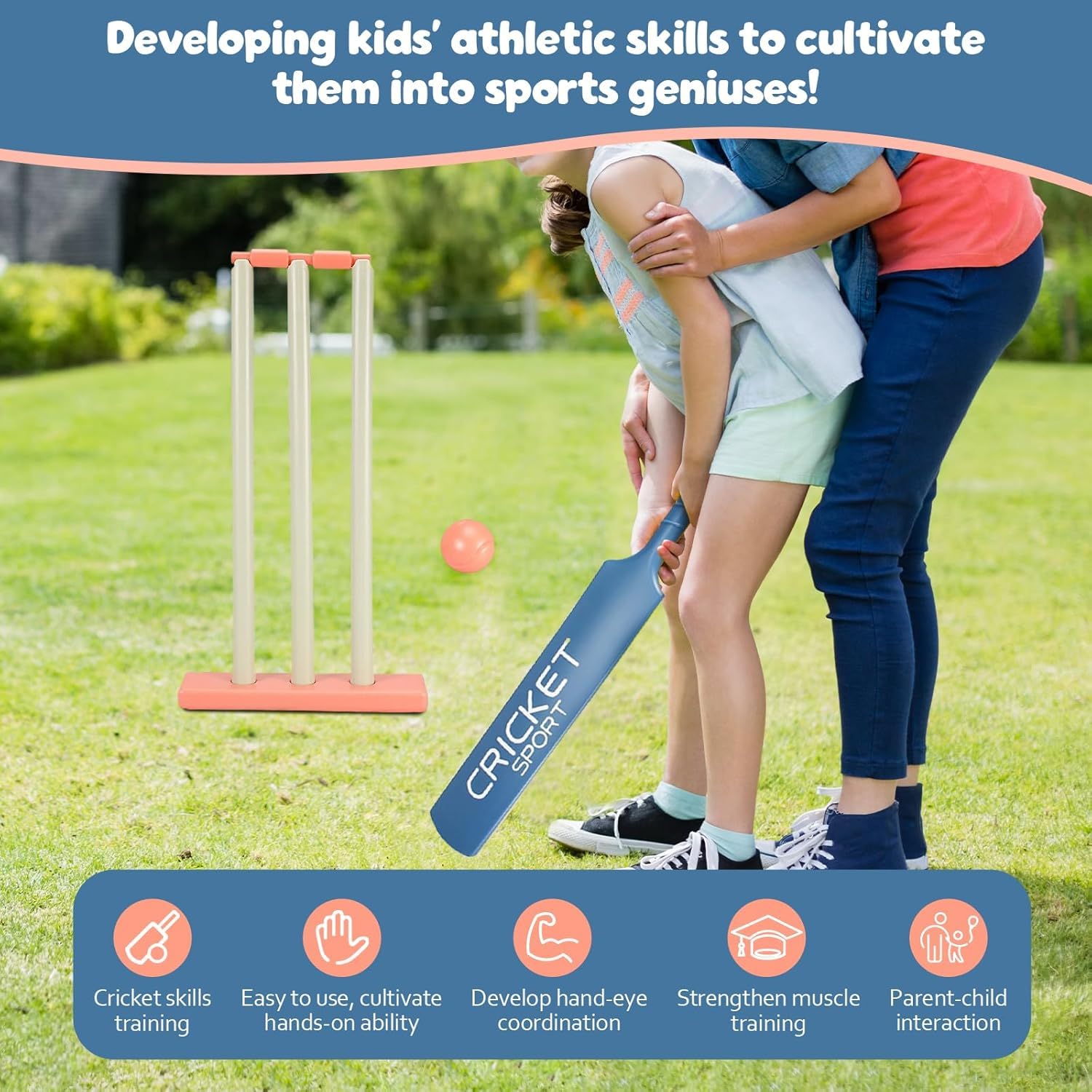 **Kids Cricket Set - 6-Piece Outdoor Sports Training Kit with Bat, Balls & Stumps for Backyard, Garden & Park Play - Perfect for Boys & Girls Ages 5-12**