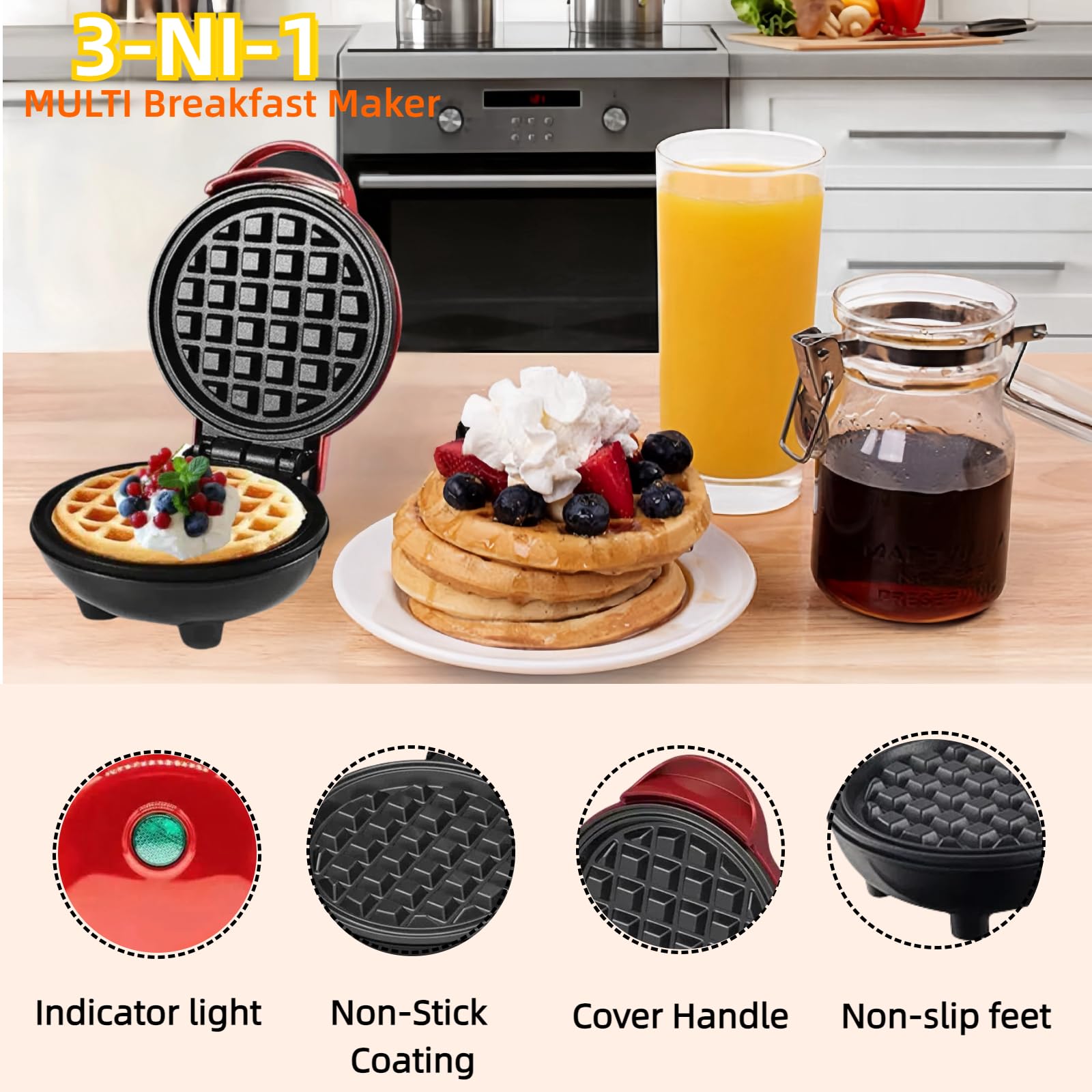 3-in-1 Mini Waffle Maker with Removable Plates for Waffles, Donuts & Pancakes - Nonstick Electric Breakfast Cooker - Easy to Clean - Perfect Holiday Gift (Red) - Ideal for Home Kitchen, Dorm Room & Small Space Cooking