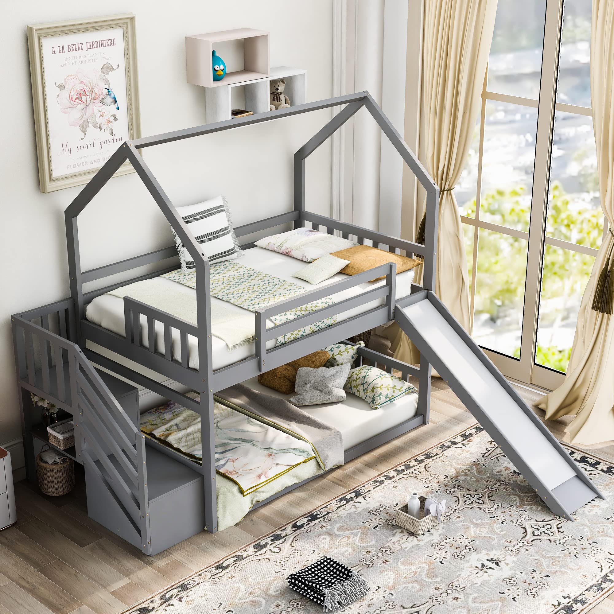 Twin Over Twin Wooden Bunk Bed with Slide, 2 Drawers, Roof & Guardrails - No Box Spring Needed - Perfect for Kids, Teens & Family Bedrooms (Gray)