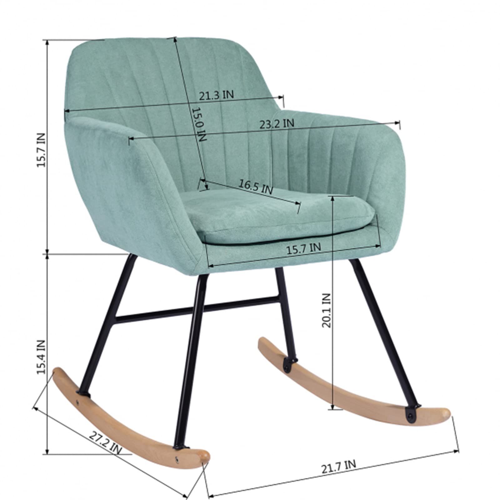 Modern Rocking Chair Armchair - Small Comfortable Upholstered Nursery Rocker with Wood Base, Green Fabric Accent Chair for Relaxing & Napping - Perfect for Living Rooms, Nurseries, Small Spaces & Cozy Corners