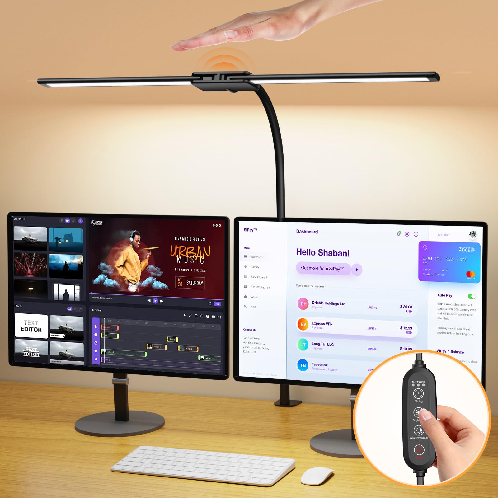 Syrinx Adjustable LED Desk Lamp with Clamp & Gesture Sensor - Dual Head Flexible Gooseneck Light for Home Office (50 Lighting Modes, Eye Protection) - Perfect for Reading, Studying & Computer Work