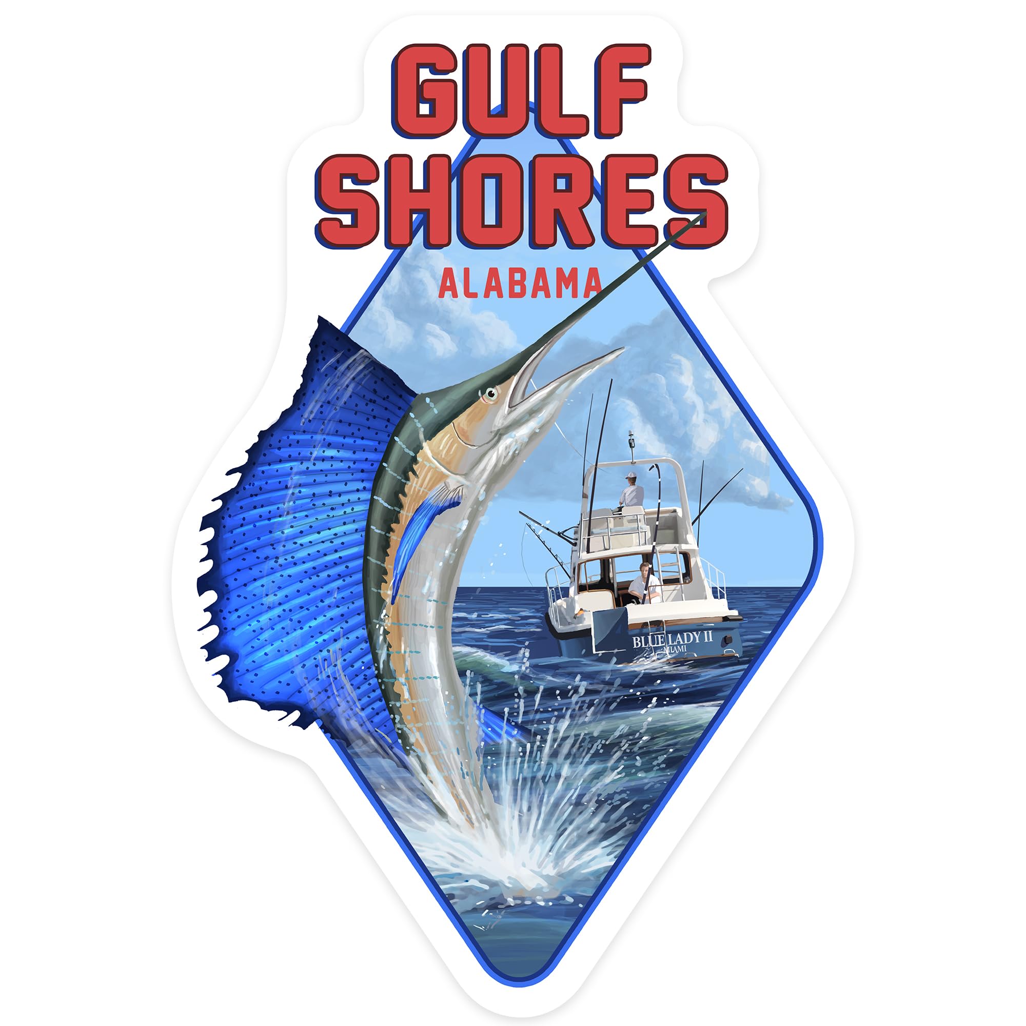 Premium Die-Cut Vinyl Sticker - Gulf Shores Alabama Sailfish Scene (1-3 Inch Waterproof Decal) for Cars, Water Bottles, Laptops & Coolers - Perfect for Beach Lovers, Fishing Enthusiasts & Travel Souvenirs
