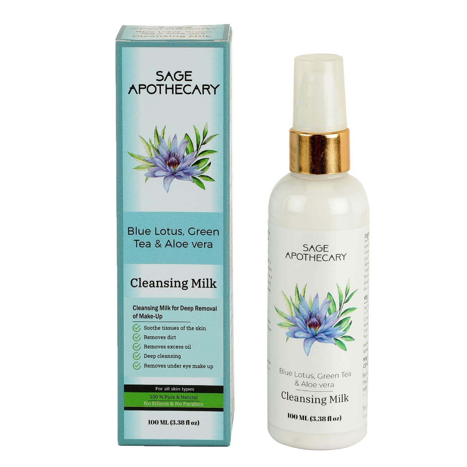 **Sage Apothecary Blue Lotus, Green Tea & Aloe Vera Cleansing Milk – Deep Pore Cleanser for Soft Skin, Makeup & Impurity Removal | 100ML Face Wash for Refreshed, Energized & Glowing Skin | Perfect for Daily Skincare & Post-Makeup Cleansing**
