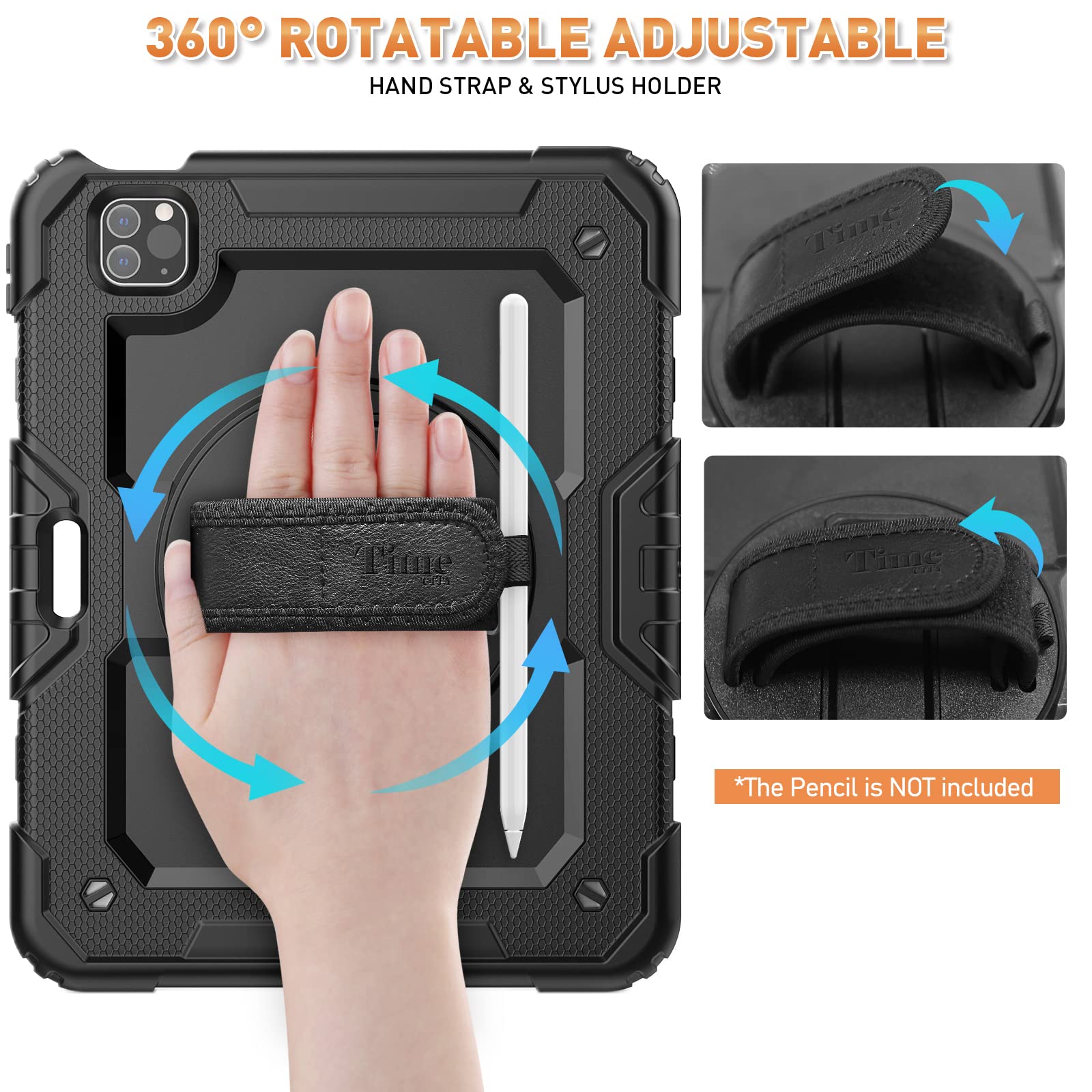 Timecity Heavy Duty Rugged Case for iPad Pro 11 inch (1st-4th Gen) - Shockproof Protective Cover with Built-in Screen Protector, Apple Pencil Holder, 360° Rotating Stand & Handle, Adjustable Shoulder Strap (Black) - Perfect for Work, Travel and Outdoor Adventures