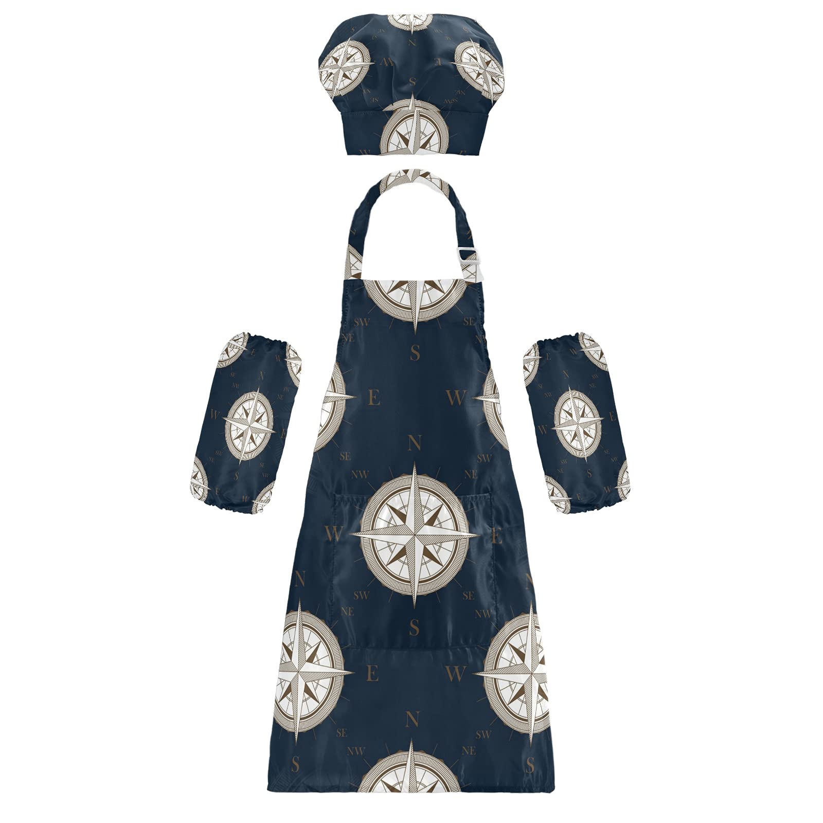 Vintage Compass Kids Apron and Chef Hat Set - Adjustable Child Aprons for Girls & Boys - Kitchen Cooking Bib with Drama Props - Perfect for Birthday Parties, Pretend Play & Cooking Classes