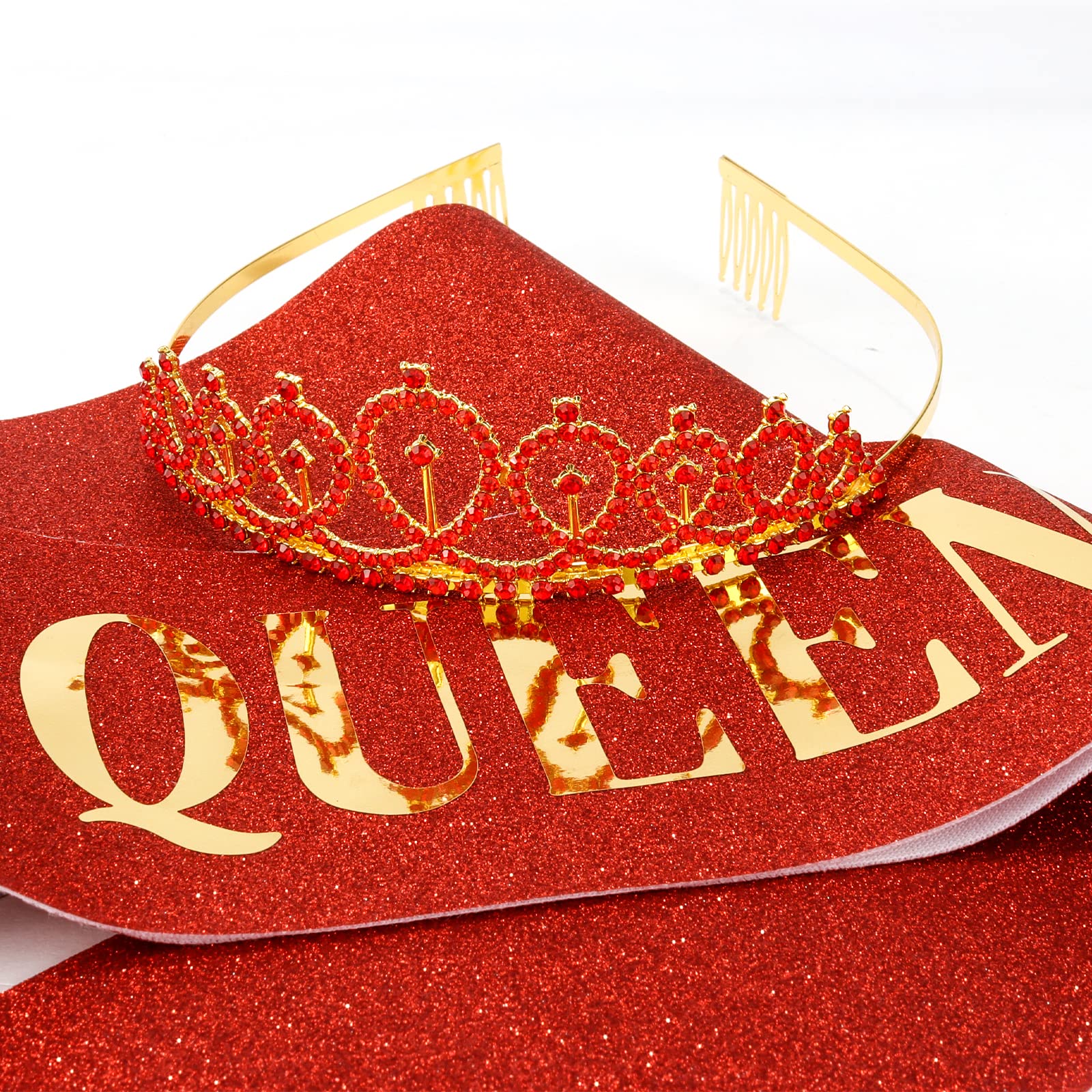 Birthday Queen Sash & Crystal Tiara Set - Elegant Red Rhinestone Crown & Glitter Sash for Women & Girls | Perfect for Birthday Parties, Bachelorette, Pageants & Special Celebrations