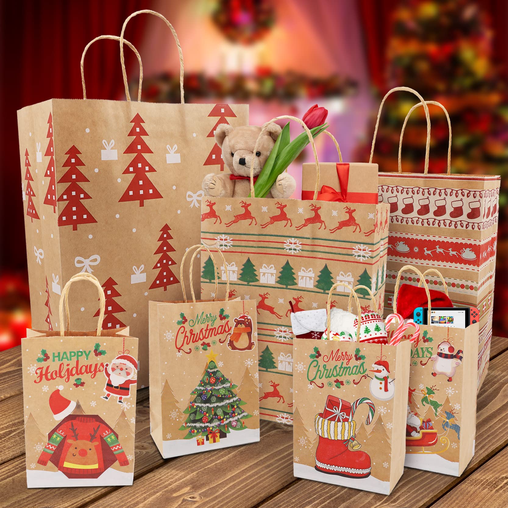 AMMAKER 18 Pack Christmas Themed Reusable Kraft Gift Bags - 9 Styles Assorted Sizes with Handles - Bulk Eco-Friendly Party Favor Bags for Holiday Parties, Gift Exchanges & Family Gatherings