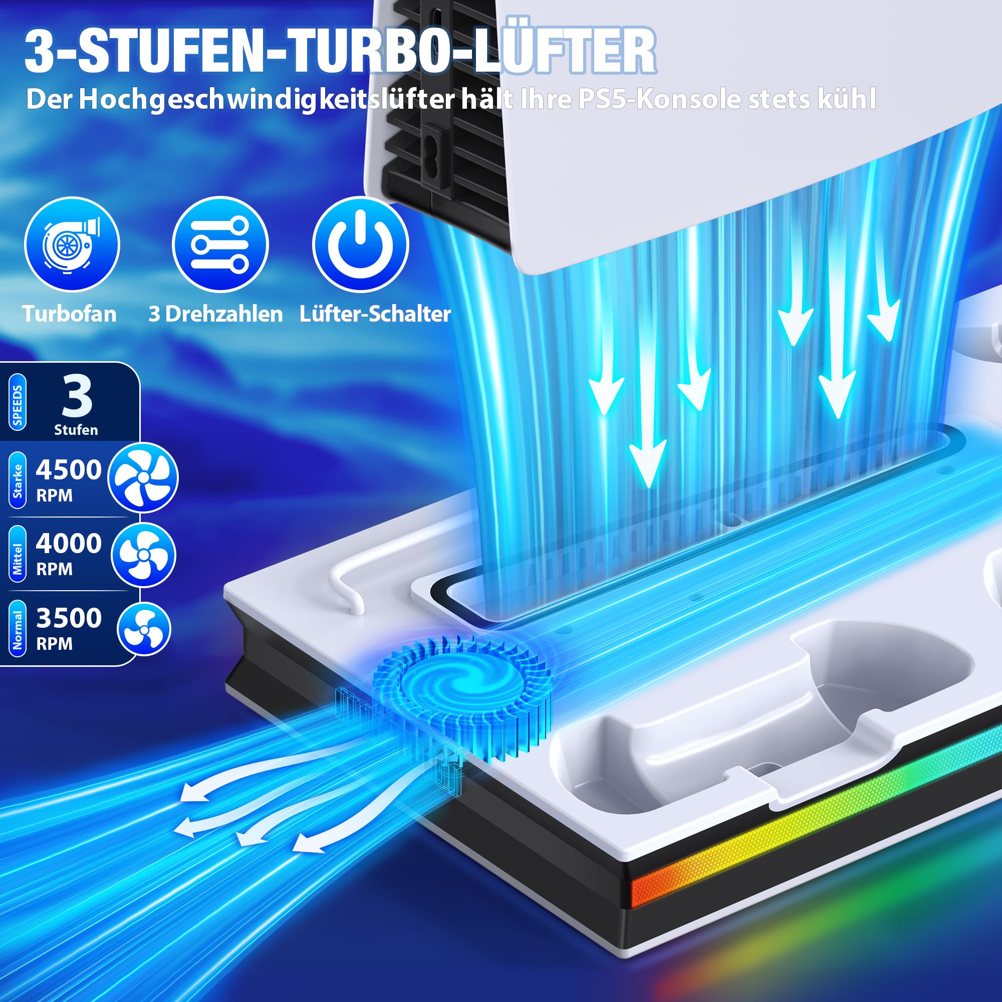 PS5 Stand with LED Light for PS5 Slim - 3-Speed Cooling Fan, Dual Controller Charger, Headset Hook & 4 USB-C Ports - Gaming Accessories for PS5 Slim Disc & Digital Edition - Perfect for Gaming Setups & Entertainment Centers
