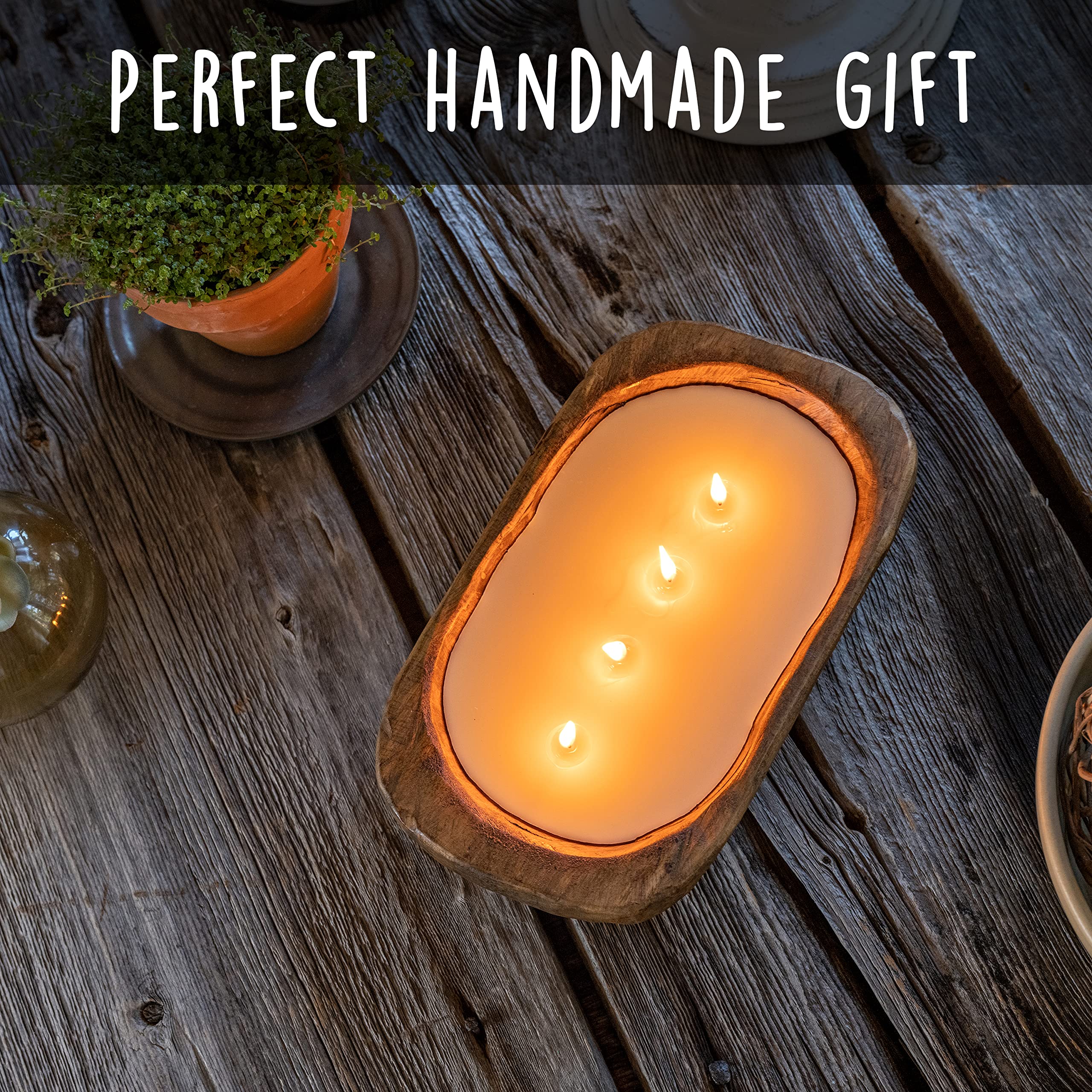 10 Inch Wooden Dough Bowl Soy Candle - Unscented Farmhouse Decor with 4 Wicks for Rustic Weddings, Holiday Centerpieces & Cozy Home Ambiance