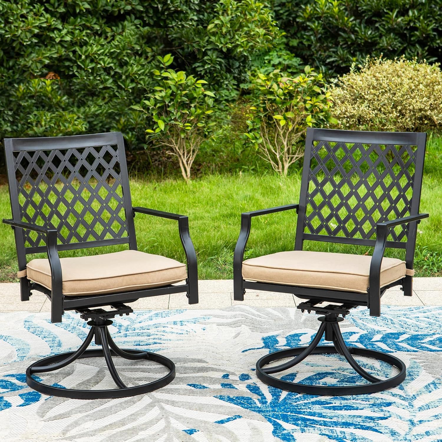 PHI VILLA 2-Piece Outdoor Swivel Dining Chairs Set - Black Metal Patio Furniture with Cushions for Garden, Backyard, Bistro & Poolside Relaxation | Weather-Resistant Small Grid Design