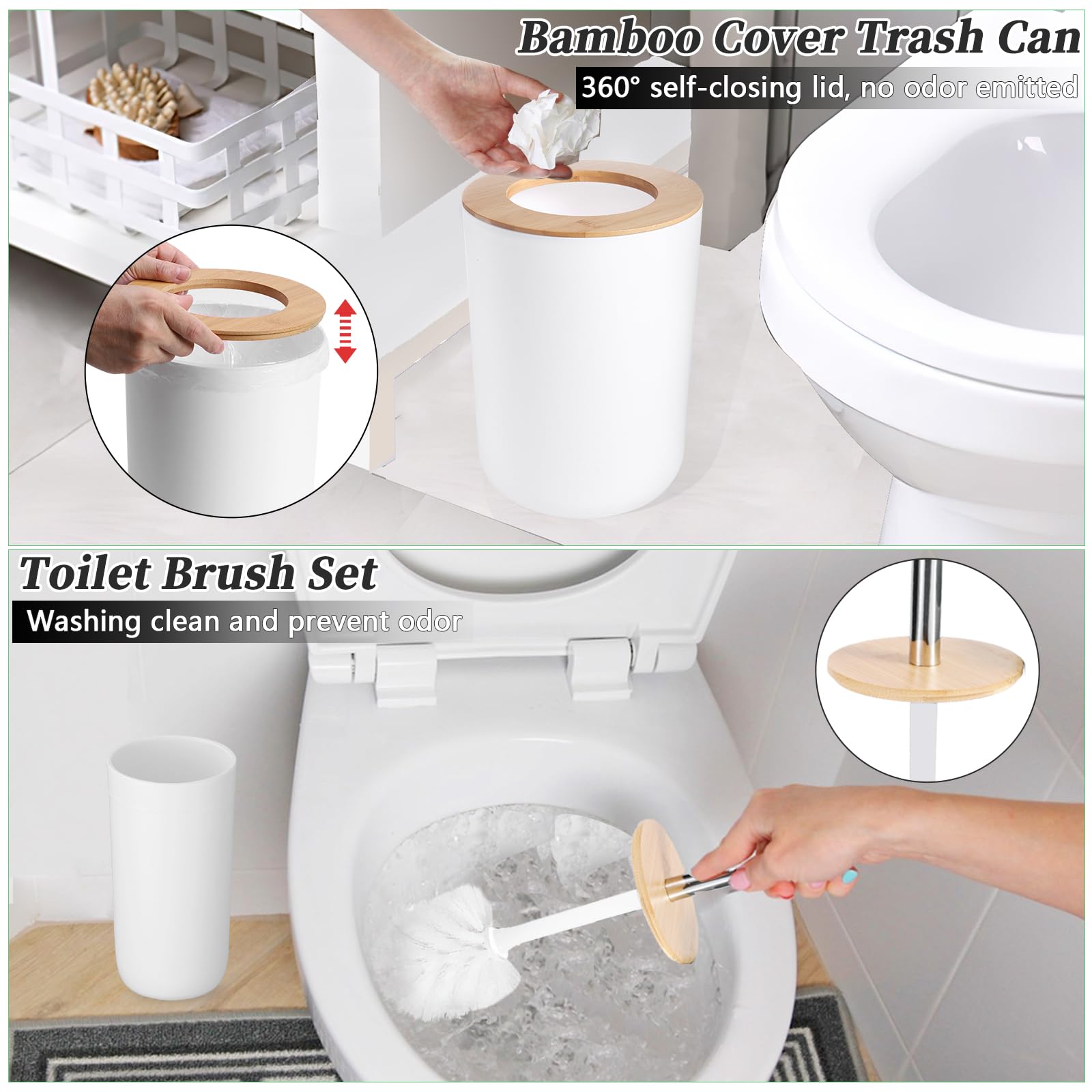 SLDIYWOW 9-Piece White Bathroom Accessories Set - Includes Trash Can, Vanity Tray, Soap Dispenser, Soap Dish, Toothbrush Holder, Cup, Toilet Brush & Q-Tip Holders | Modern Bathroom Organization for Home & Guest Bathrooms