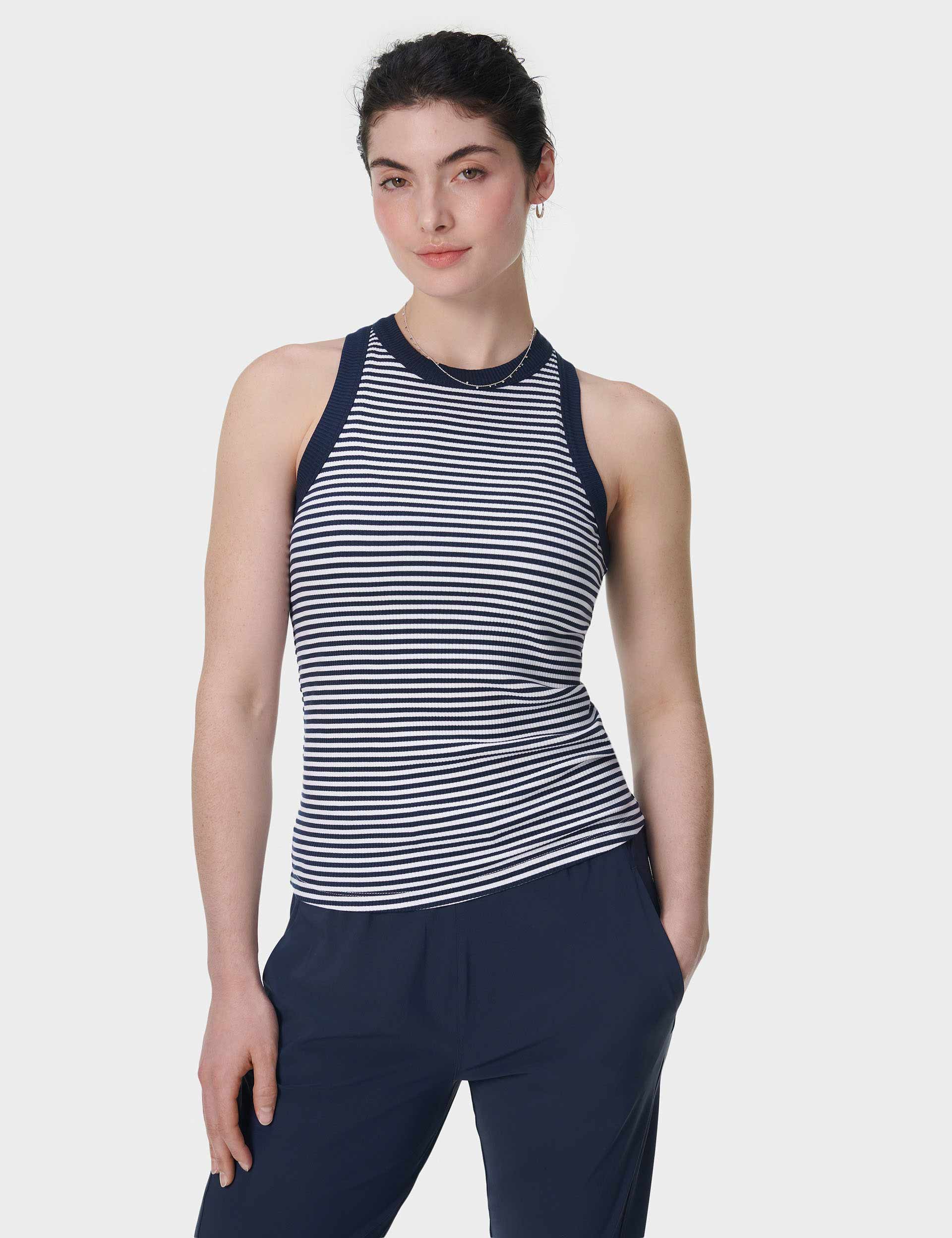 Harper Racer Vest for Women - Navy & White Striped Sleeveless Top - Perfect for Gym, Running, Yoga and Casual Wear