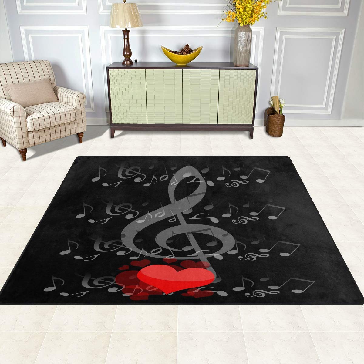 Romantic Music Notes with Heart Shaped Area Rug - Soft Non-Slip 7' x 5' Living Room Bedroom Rug for Couples Gift, Home Decor, Wedding Anniversary Present - Perfect for Bedside, Nursery, Dorm & Cozy Spaces