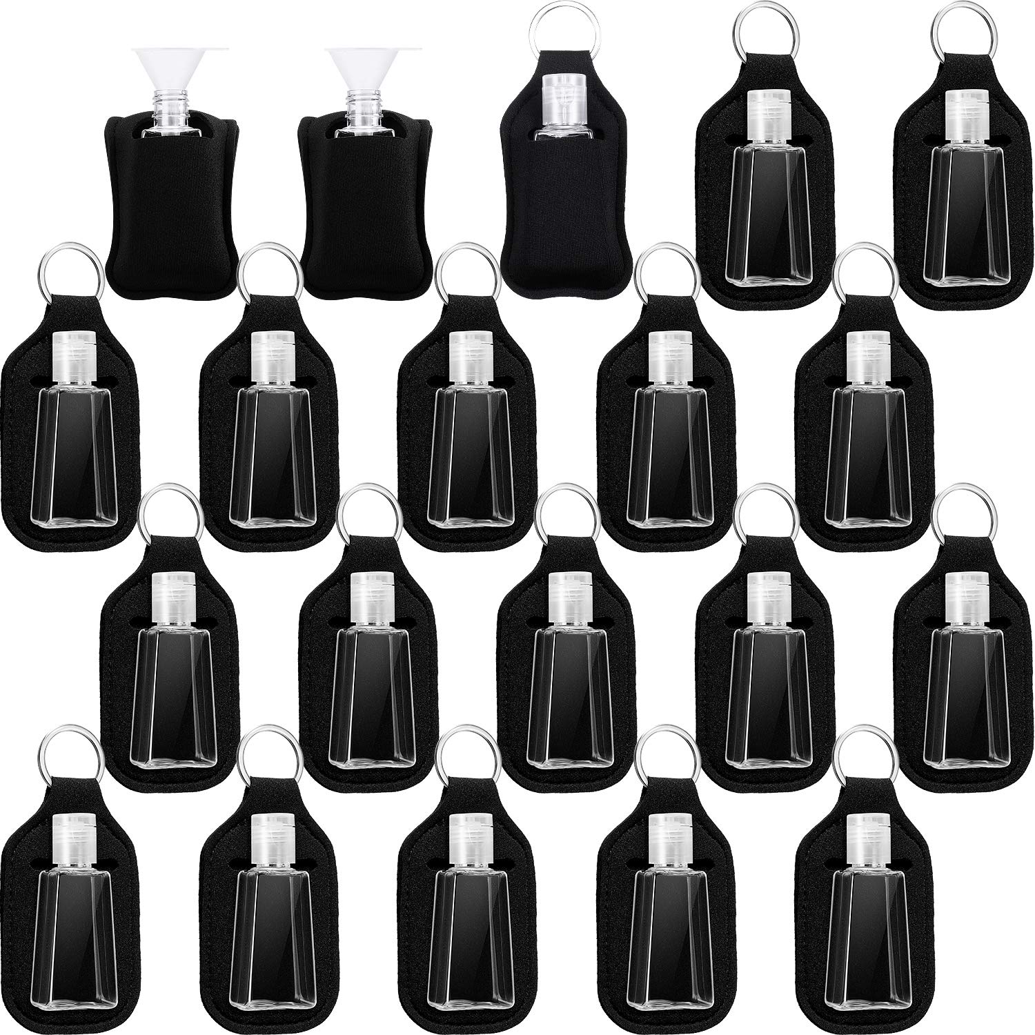 42 Pcs Hand Sanitizer Holder Set - 20 Refillable 30ml Travel Bottles with Flip Caps, 20 Keychain Holders & 2 Funnels (Black) | Portable Sanitizer Storage for Gym, Office, Travel & Everyday Use