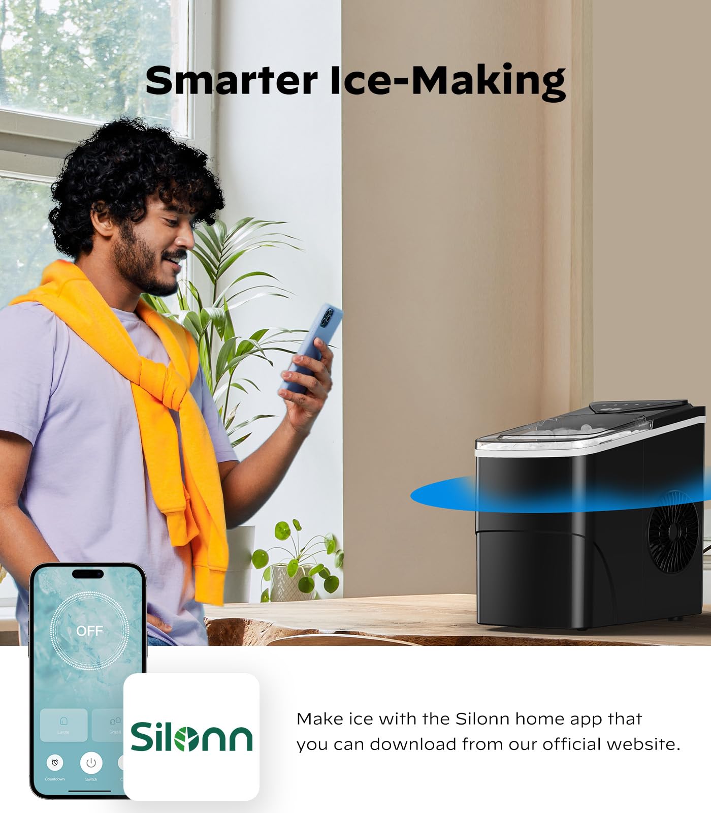 Silonn Smart Countertop Ice Maker with Wi-Fi & App Control - 9 Cubes in 6 Minutes, 26 lbs Daily - 2 Ice Sizes, Self-Cleaning - Perfect for Kitchen, Office, RV & Outdoor Entertaining