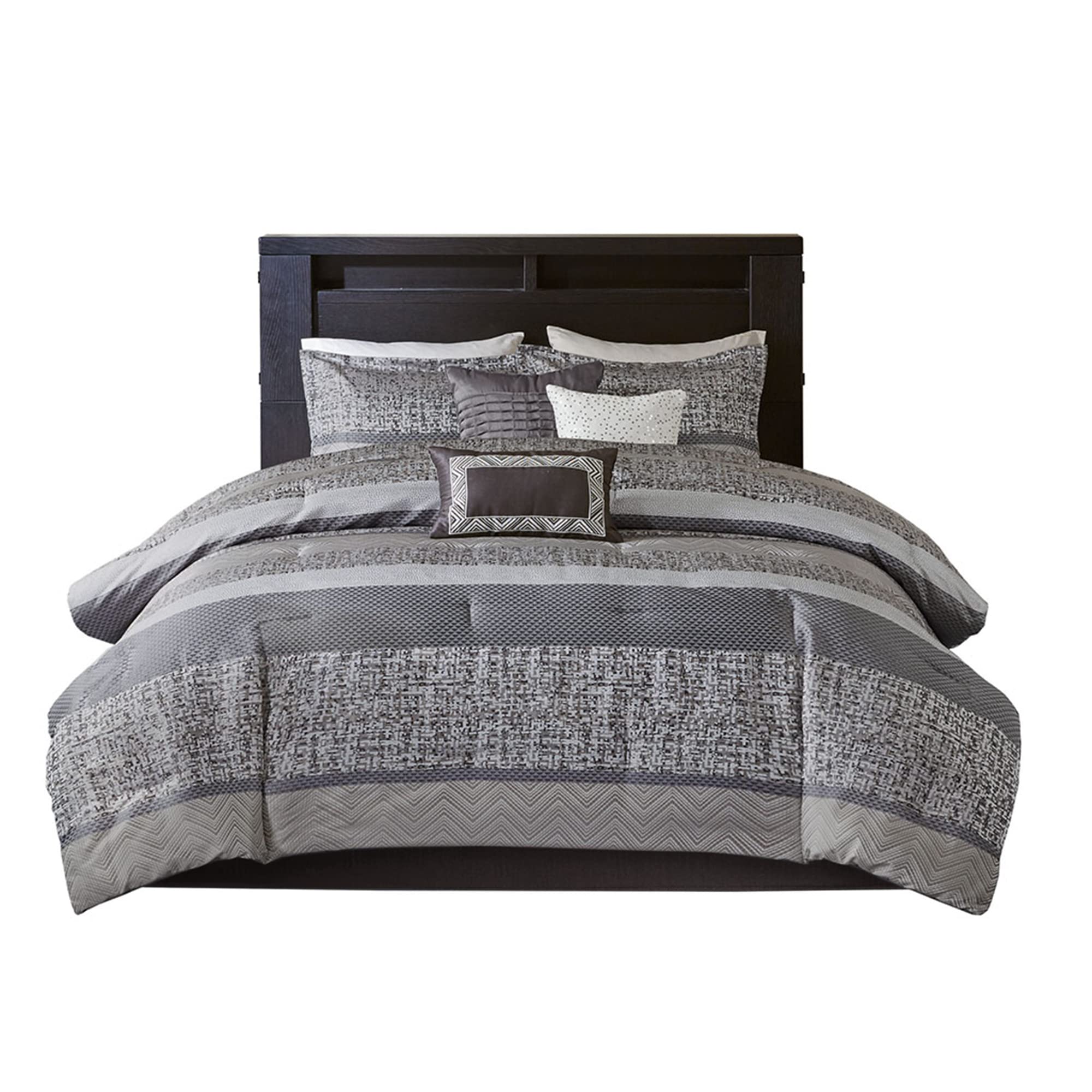 Madison Park Luxury Comforter Set - Traditional Jacquard Design All Season Down Alternative Bedding with Matching Bedskirt & Decorative Pillows | Cal King (104x92 inches) | Rhapsody Collection in Striped Grey/Taupe | 7-Piece Set for Master Bedroom & Guest Room Decor