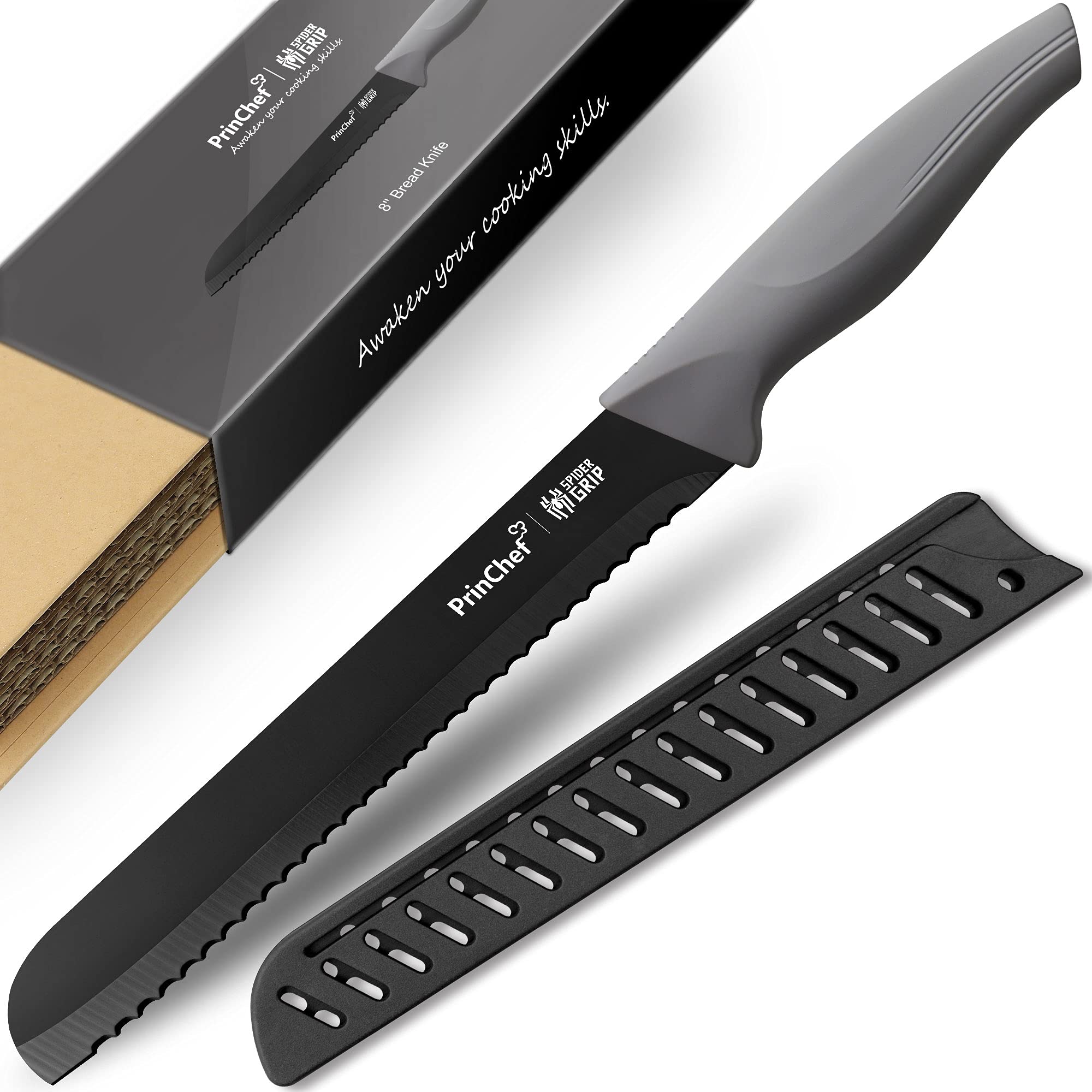 PrinChef 8 Inch Serrated Bread Knife with Sheath - Stainless Steel Anti Rust & Nonstick Blade - Perfect for Hard Crusty Bread, Homemade Loaves, Baguettes & Pastries - Ideal for Bakeries, Home Kitchens & Professional Chefs