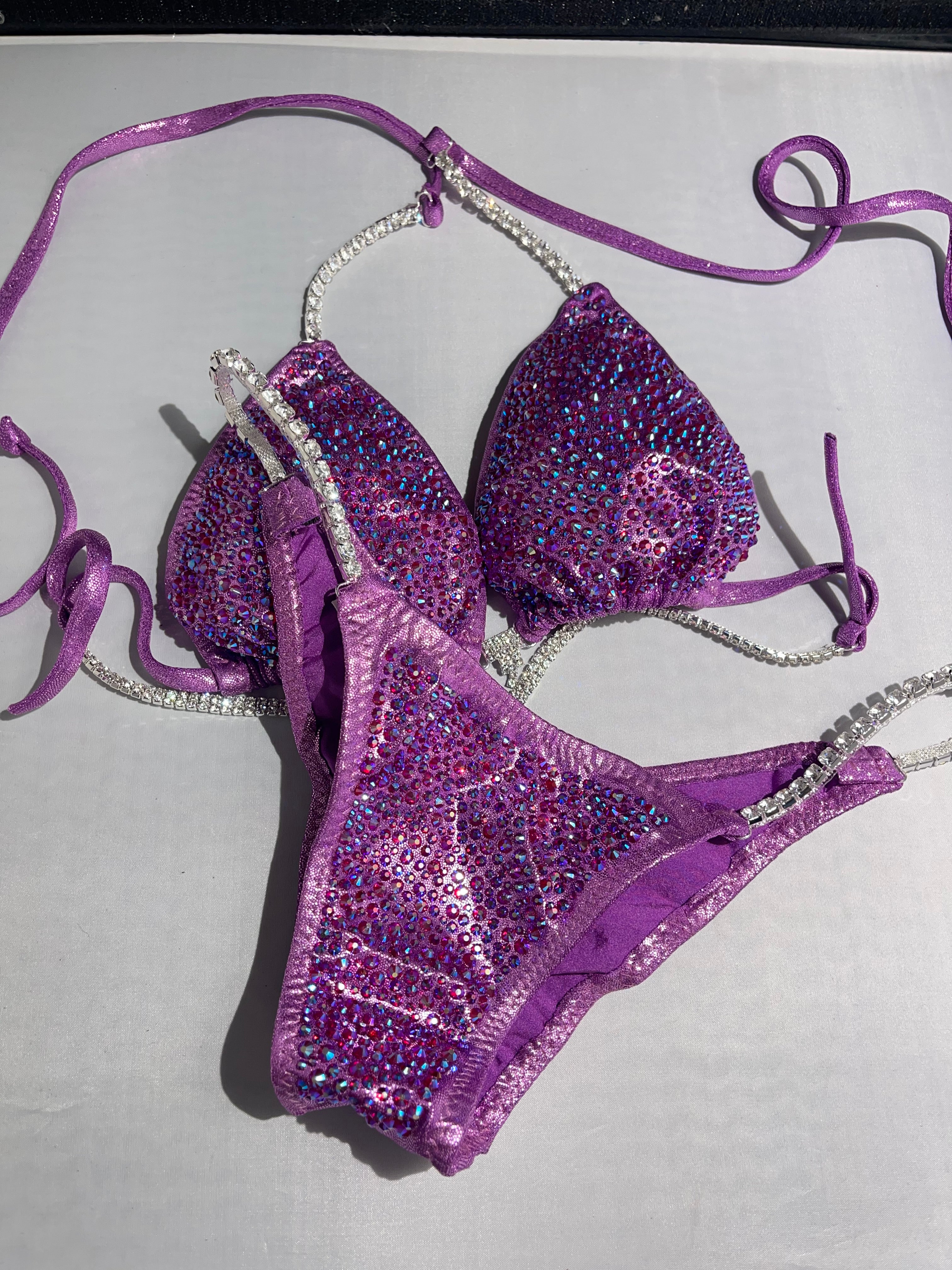 Lavender Lilac Purple Bikini Competition Swimsuit with Stunning Crystal Rhinestone Back - Perfect for Beach, Pool, and Pageant Events