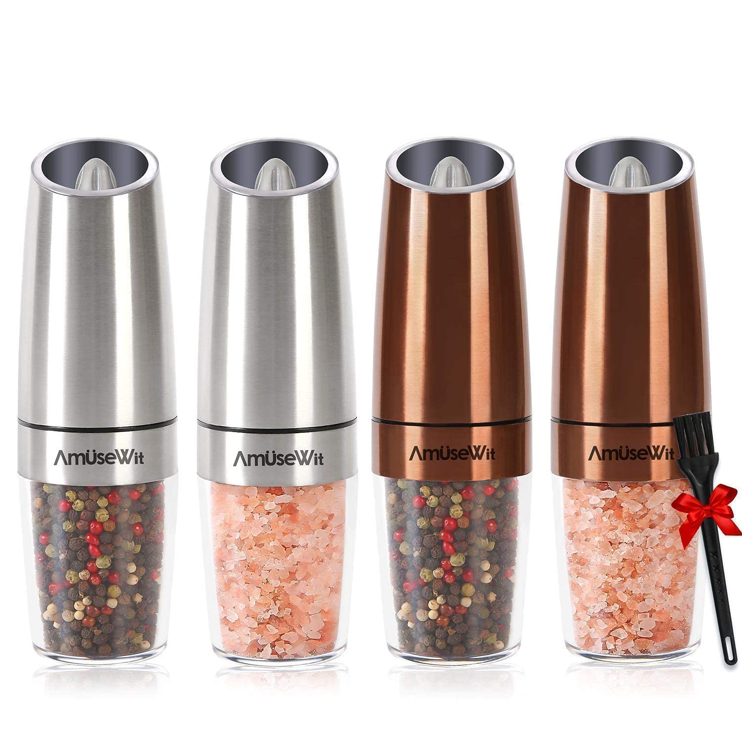AmuseWit 4-Piece Gravity Electric Salt and Pepper Grinder Set - Battery Powered Automatic Spice Mill with LED Light, Adjustable Coarseness, One-Hand Operation & Cleaning Brush - Perfect for Kitchen, Dining Table, Camping and Gifts