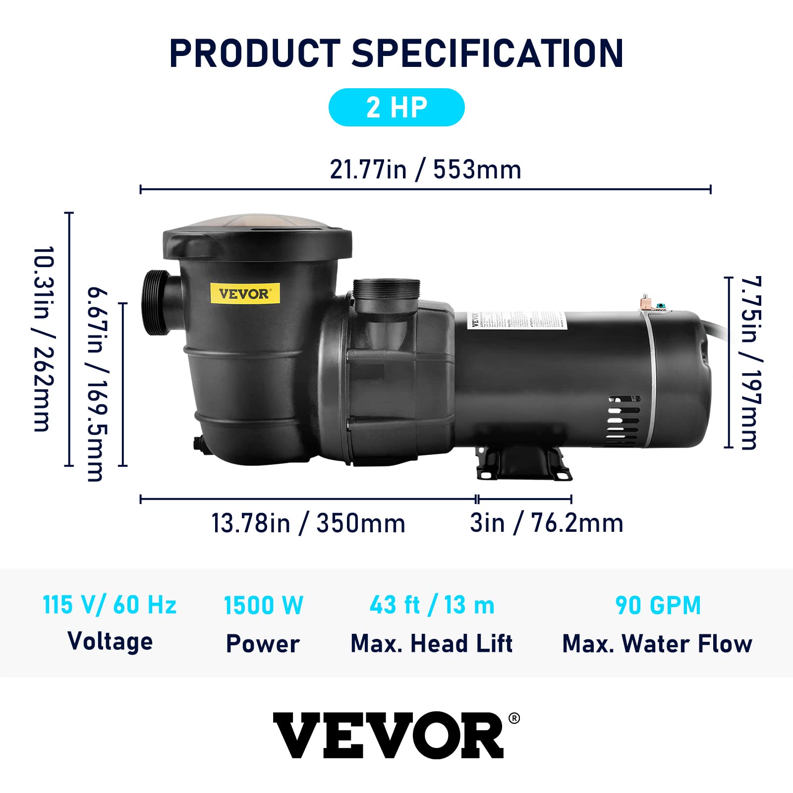 VEVOR 2.0HP 115V 1500W Single Speed Above Ground Pool Pump with Strainer Basket - 5400 GPH Max Flow, ETL Certified | Ideal for Inground & Above Ground Pools, Backyard Swimming, Water Circulation & Filtration