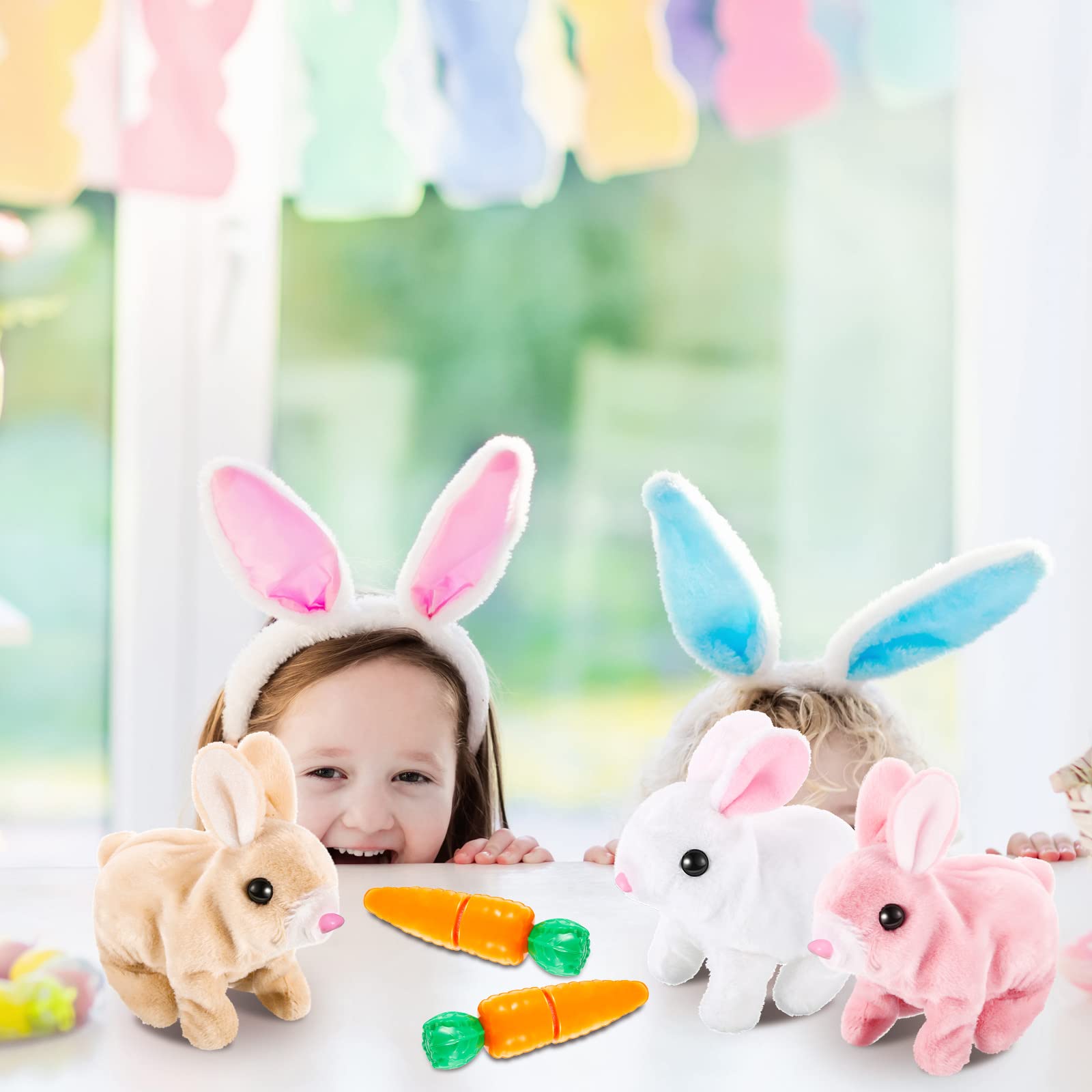 Honoson 3-Piece Interactive Hopping Bunny Toy Set - Electronic Walking & Sound-Making Plush Rabbits with Carrot - Cute Robotic Educational Stuffed Animal Gift for Kids (Ideal for Easter Gifts, Birthday Presents & Early Learning Playtime)