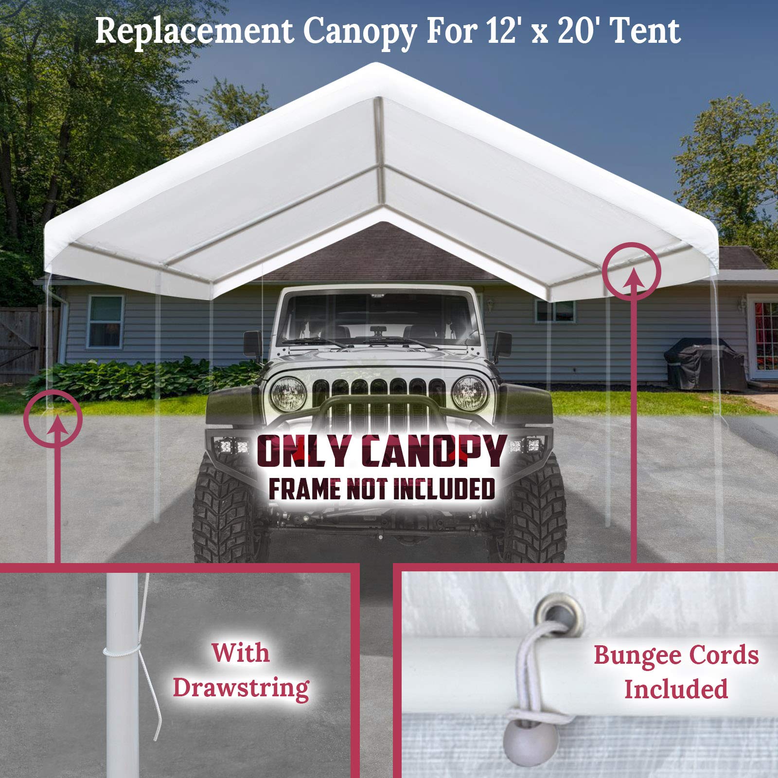 BenefitUSA 12x20 FT Heavy Duty Carport Canopy Tent Replacement Cover - Waterproof UV Protection Tarp with Ball Bungees & Reinforced Edges - Perfect for Car Shelter, RV Cover, Outdoor Storage & Event Canopy