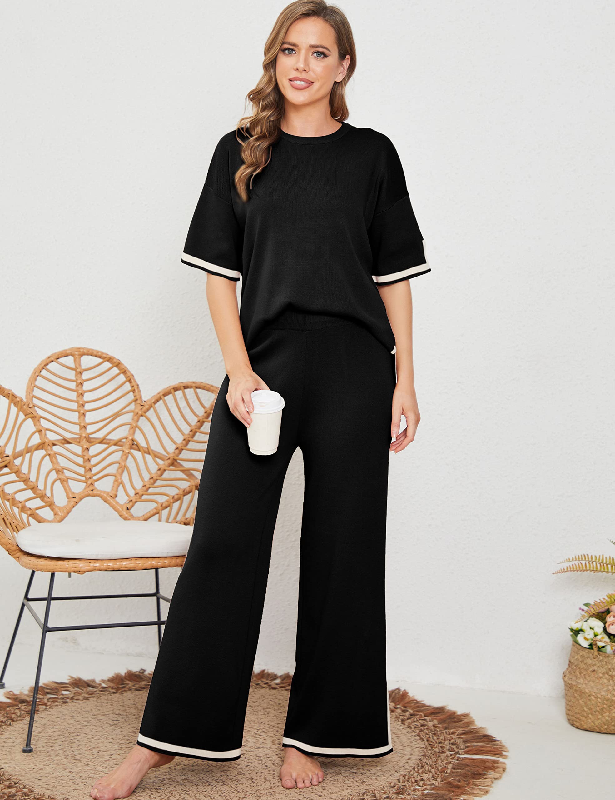 Tanming Women's 2-Piece Sweater Set - Short Sleeve Knit Pullover Top & Wide Leg Lounge Pants | Soft Casual Outfit for Home, Travel & Relaxation