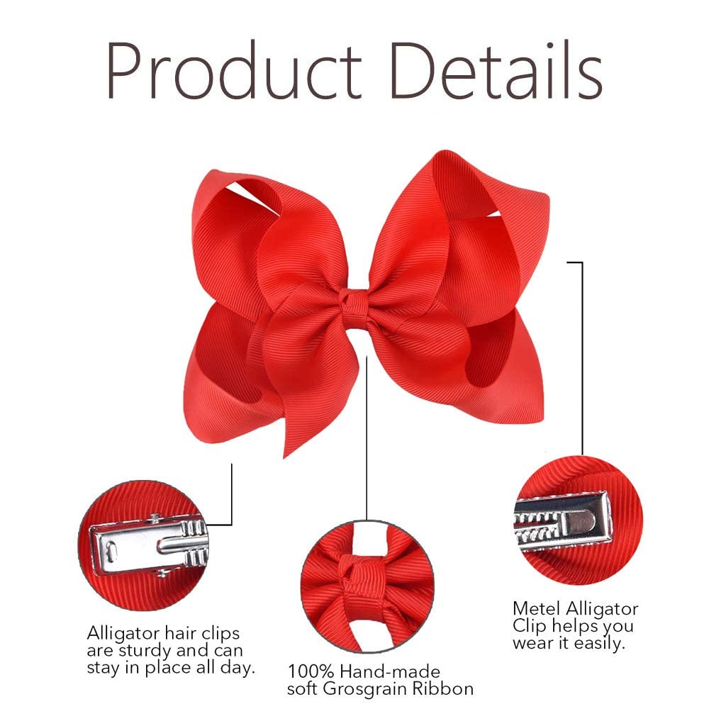 Oaoleer 12PCS 6 Inch Big Hair Bows for Girls - Red Grosgrain Ribbon Large Boutique Hair Clips with Alligator Clips for Toddlers, Little Girls & Kids | Perfect for Birthday Parties, School Events & Photo Shoots