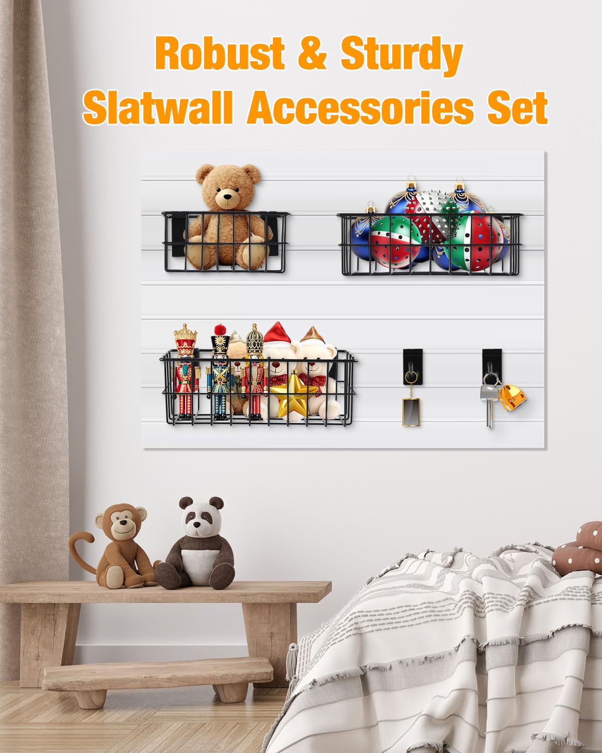 94 Pcs Slat Wall Organizer Set - 4 Black Metal Ventilated Slatwall Baskets & 90 Slatwall Hooks in 3 Sizes (4