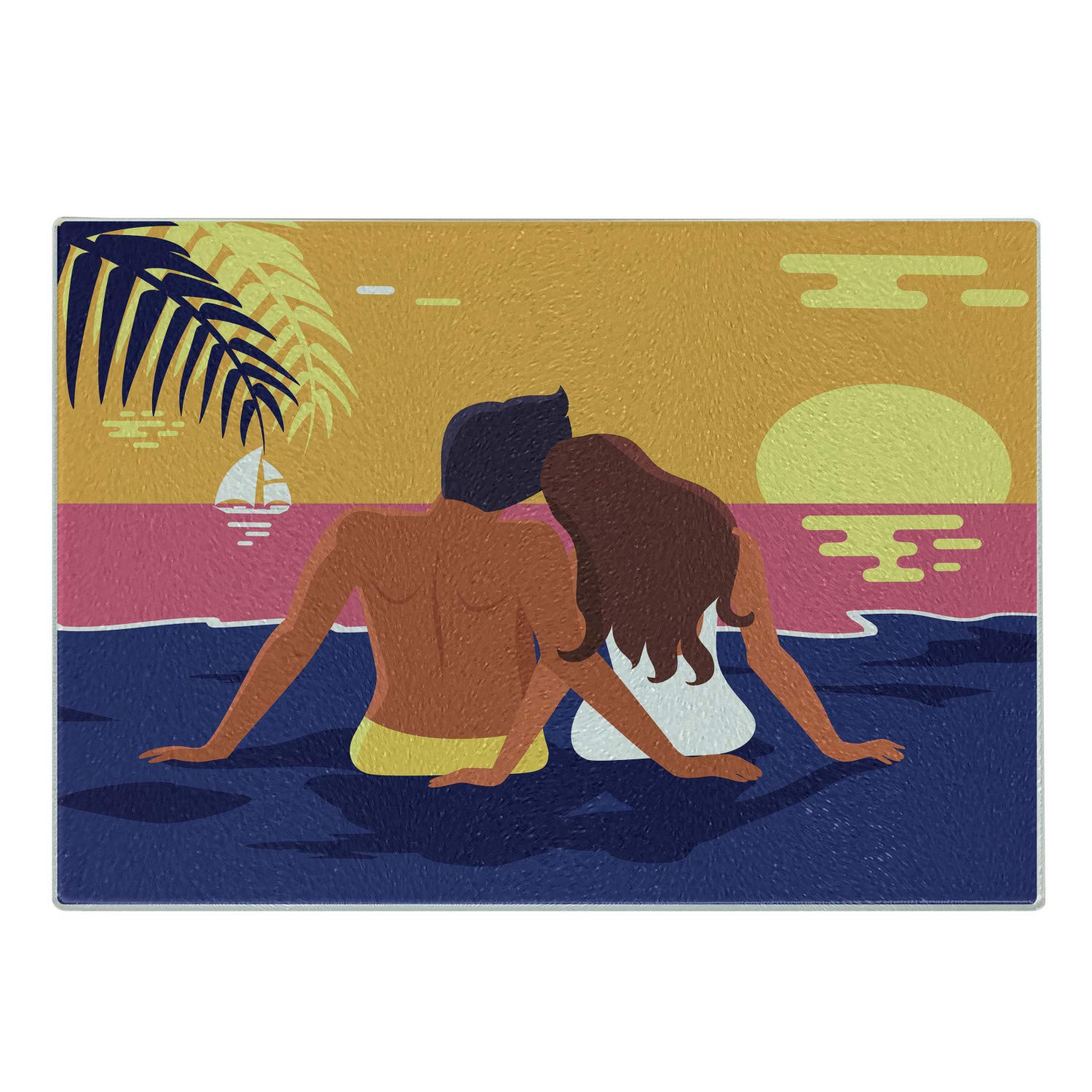 Ambesonne Romantic Couple Sunset Beach Cutting Board - Decorative Tempered Glass Serving Board for Kitchen & Dining - Small Multicolor Abstract Design - Perfect for Cheese, Charcuterie & Entertaining
