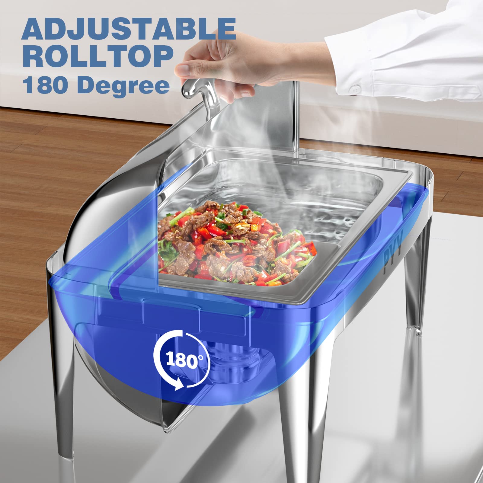 PYY 9QT Stainless Steel Roll Top Chafing Dish Buffet Set with 3 Pans - Commercial Grade Food Warmer for Catering, Restaurants, Weddings & Events | Keep Food Warm at Buffets, Parties & Banquets