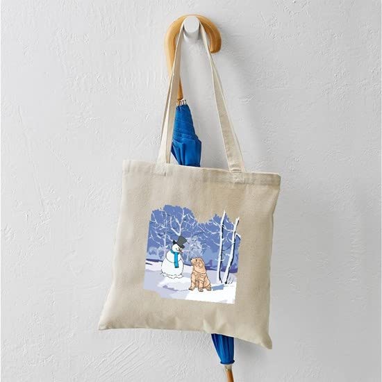 Snowman & Shar Pei Holiday Tote Bag - Natural Canvas Reusable Shopping Bag for Groceries, Beach, Work & Christmas Gifts