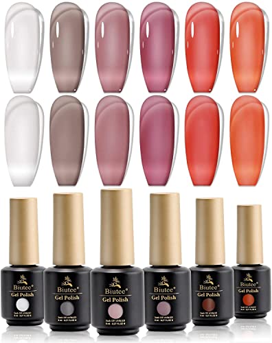 Biutee 6 Colors Transparent Jelly Gel Nail Polish Set - Sheer Nude Translucent UV LED Soak Off Gel Polish for Nail Art, Salon & Home DIY | Perfect for French Manicures, Ombre Nails & Creative Nail Designs