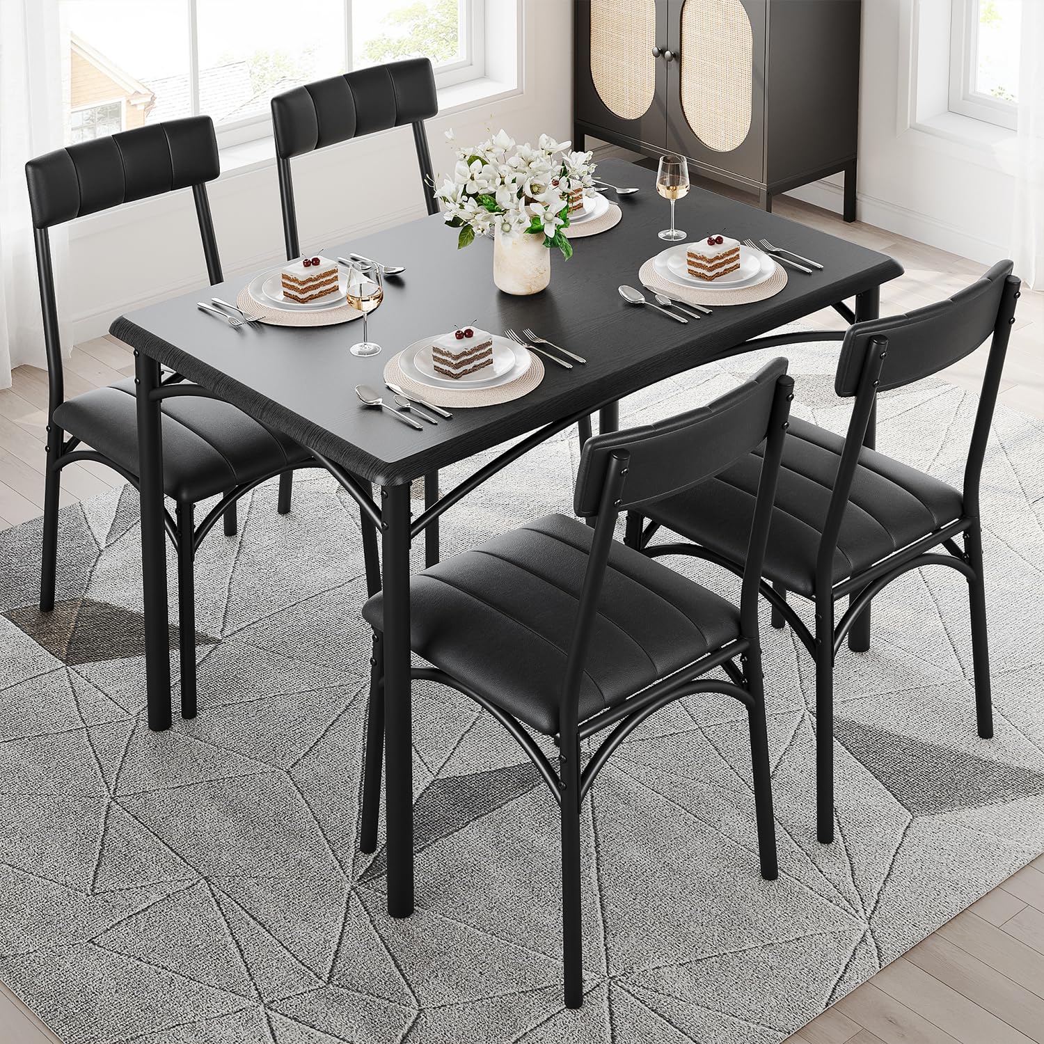 4-Piece Rectangular Dining Table Set with Upholstered Chairs - Rustic Black Kitchen Table for Small Spaces | Perfect for Breakfast Nook, Apartment Dining & Cozy Family Meals