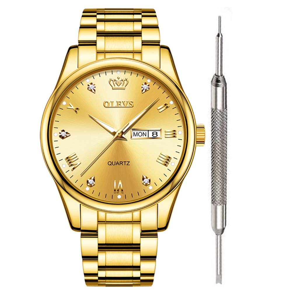 OLEVS Men's Stainless Steel Business Dress Watch - Analog Quartz, Large Face, Day Display, Waterproof & Luminous - Classic Wristwatch for Office, Formal Events & Everyday Wear