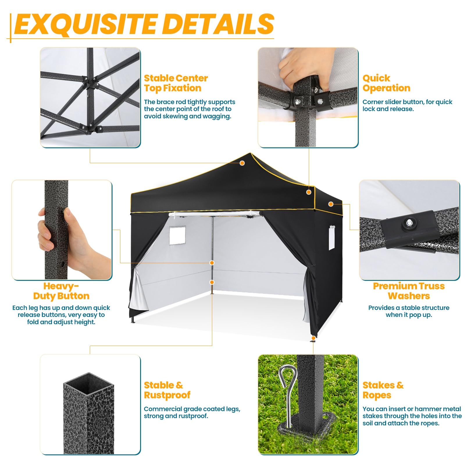 COBIZI 10x10 Heavy Duty Commercial Pop Up Canopy Tent with 4 Waterproof Sidewalls - UV 50+ Protection, Instant Setup for Outdoor Events, Parties, Camping & Backyard Use - Portable Vendor Shelter (Black)