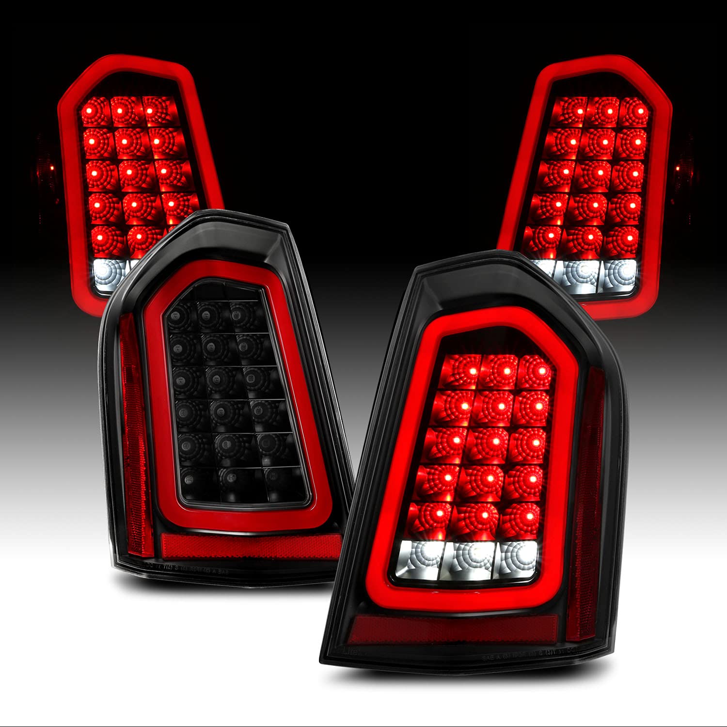 AmeriLite Full Intense LED Tail Lights Brake & Reverse Parking Light Bar for 2011-2014 Chrysler 300 Sedan - Black Housing Vehicle Light Assembly - Upgrade Your Car's Style & Safety for Night Driving & Parking