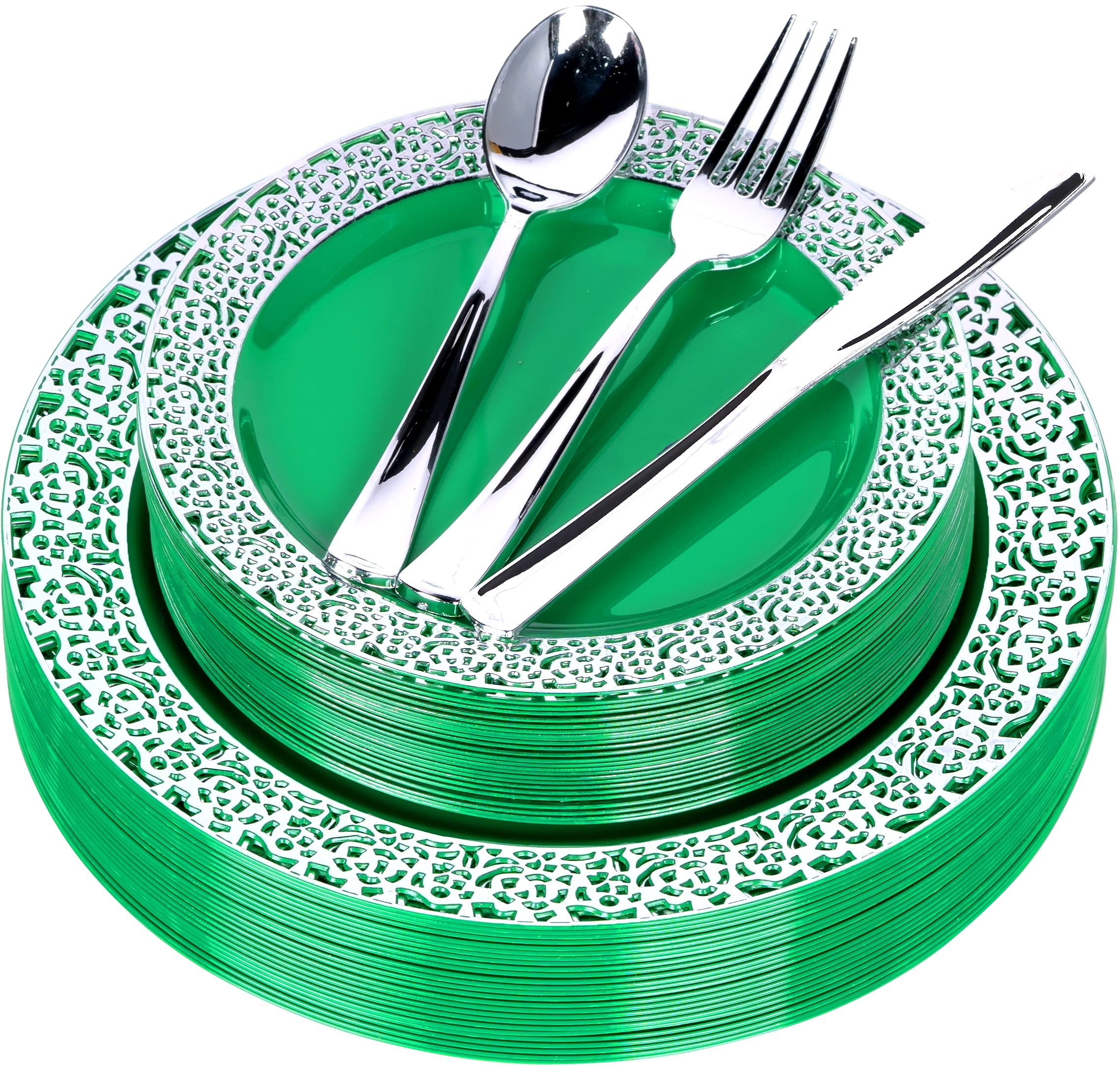 FOMOICA 125-Piece Disposable Plastic Dinnerware Set - Lime Green & Silver Plates, Forks, Spoons, Knives for Parties | Premium Reusable Plastic Tableware for Birthday, Wedding, Christmas Celebrations | Perfect for Outdoor Picnics, BBQs and Family Gatherings