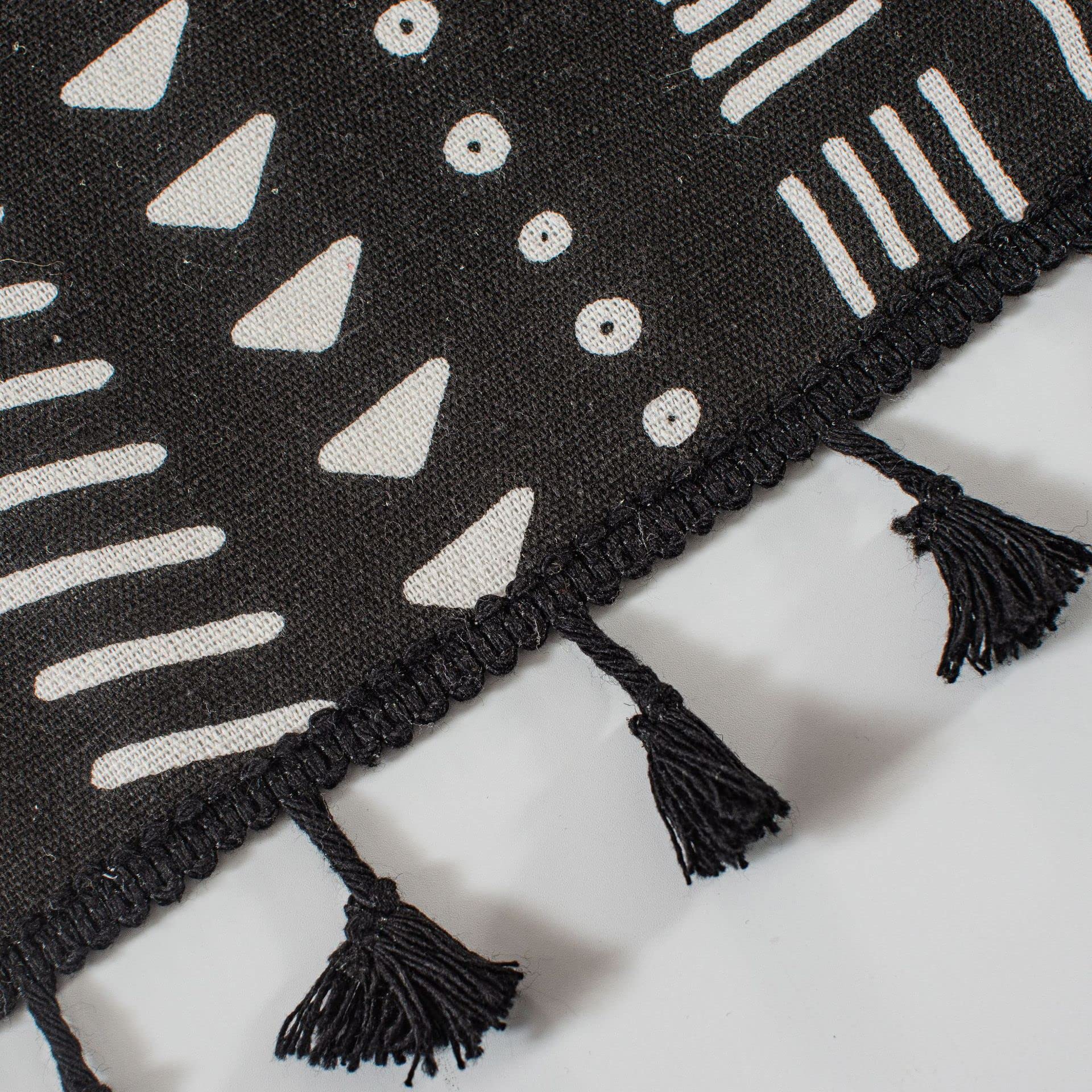 ABREEZE Boho Tassel Kitchen Valance - Black Geometric Cotton Linen Farmhouse Window Curtain Panel (59