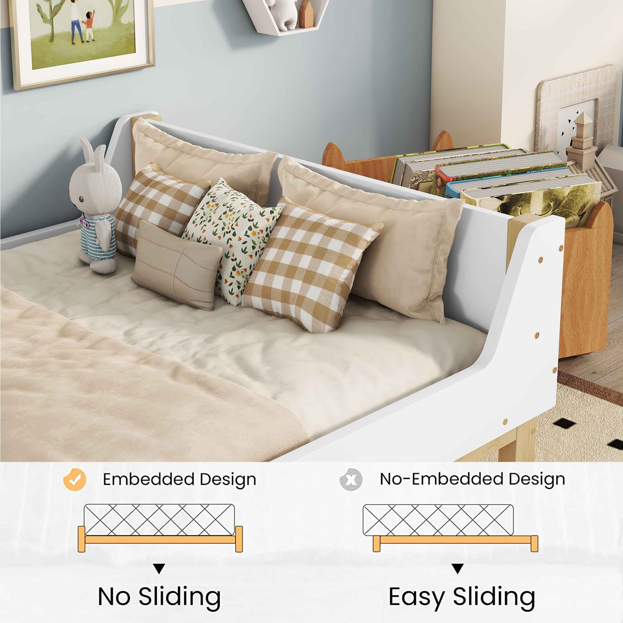 **Twin Size Wooden Bed Frame with Headboard & Footboard - Sturdy Platform Bed with Built-in Book Storage Shelf, No Box Spring Needed, Quiet & Durable - Perfect for Kids' Bedroom, Dorm, or Guest Room (White)**