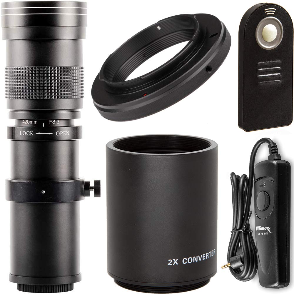 Ultimaxx 420-800mm (840-1600) f/8.3-16 HD Telephoto Zoom Lens with 2X Shutter Releases - Compatible with Nikon D3300, D3400, D3500, D5000, D5200, D5300, D5600, D7200, D7500, D750, D850, D500 & More DSLR Cameras - Perfect for Wildlife, Sports, and Long-Distance Photography