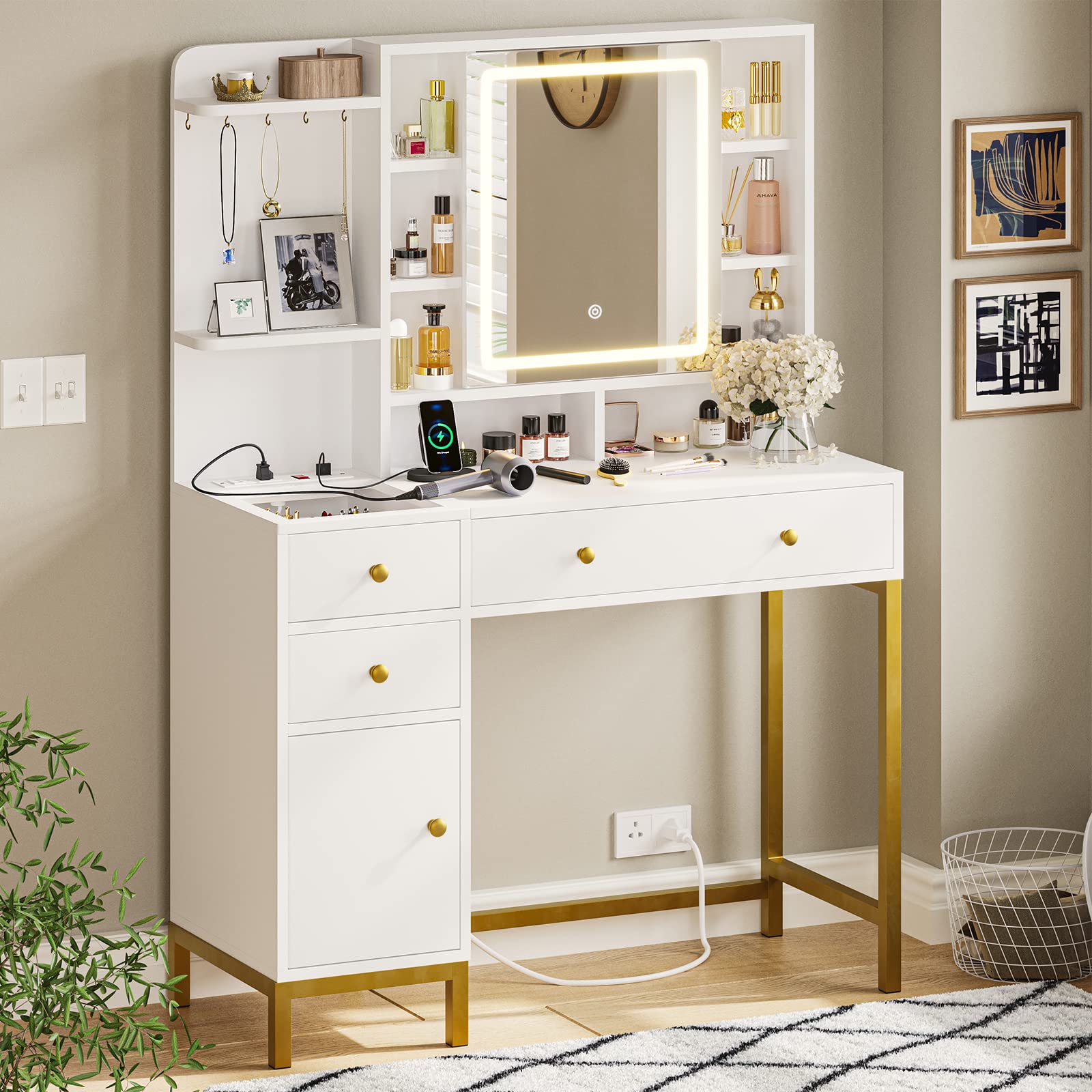 VIAGDO White Vanity Desk with LED Lights - Makeup Vanity Table with Openable Mirror, Charging Station, 4 Drawers & Storage Shelves - Perfect for Bedroom, Dressing Room & Beauty Salon Organization
