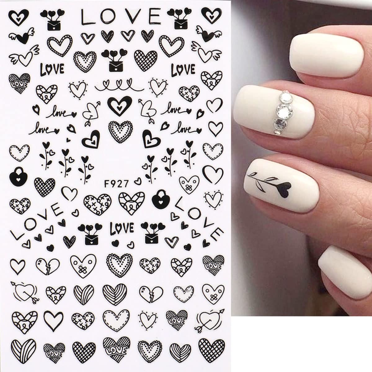 Valentine's Day Nail Stickers - Black Heart Nail Art Decals for Women | DIY Nail Design Decoration | 4 Sheets | Perfect for Valentine's Gifts, Date Nights & Romantic Occasions