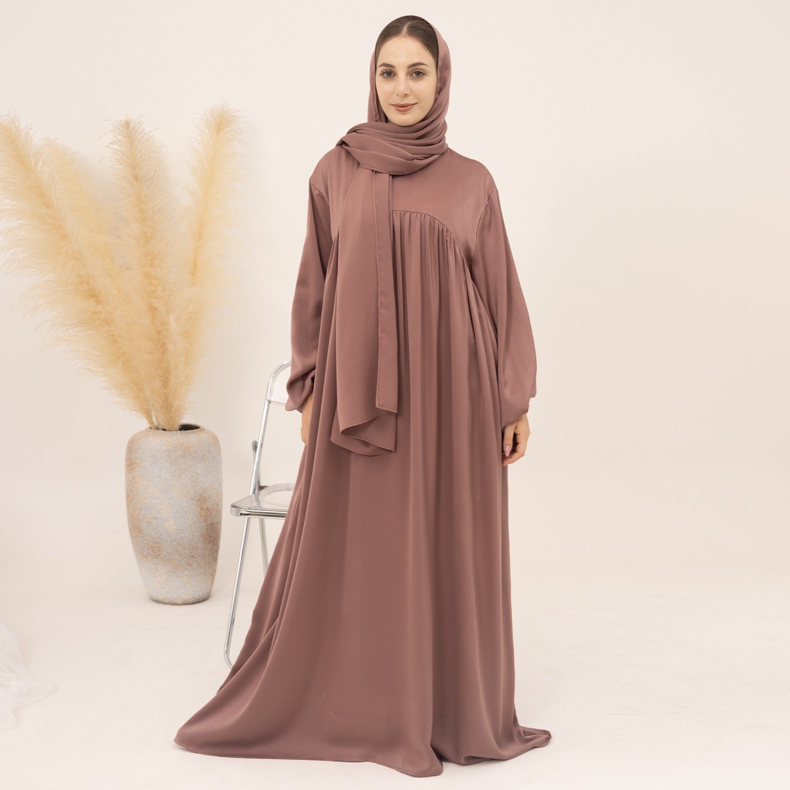 Amelia Satin Abaya Set - Elegant Muslim Prayer Dress for Women in Mauve | Perfect for Eid, Ramadan & Special Occasions